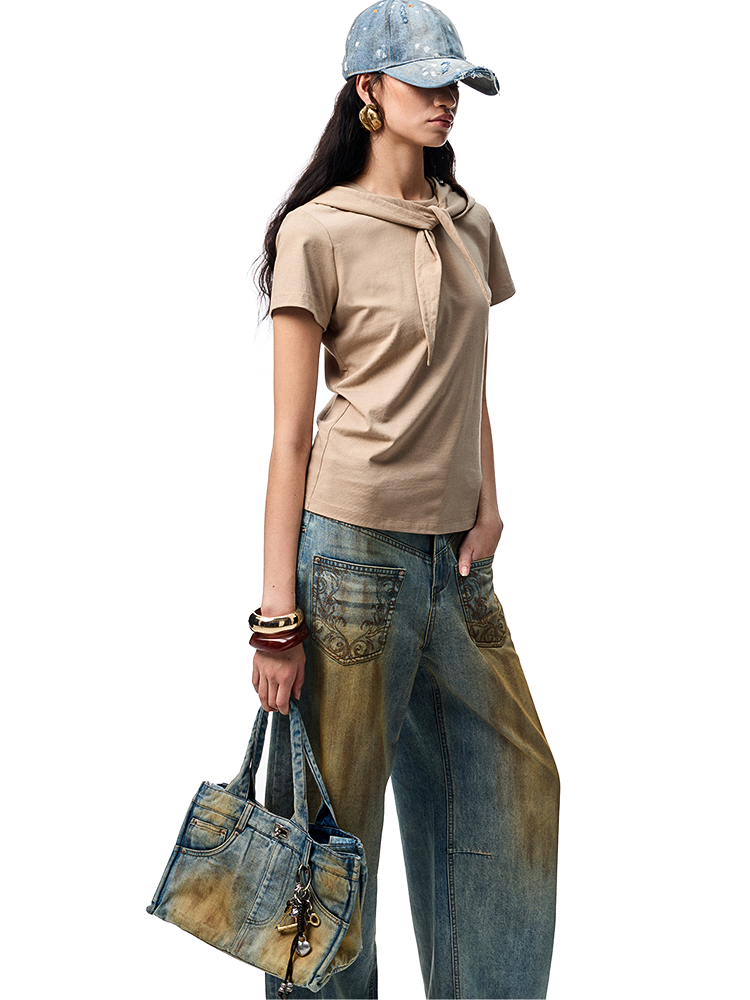 Hooded Bow Solid-Color T-shirt - CHINASQUAD