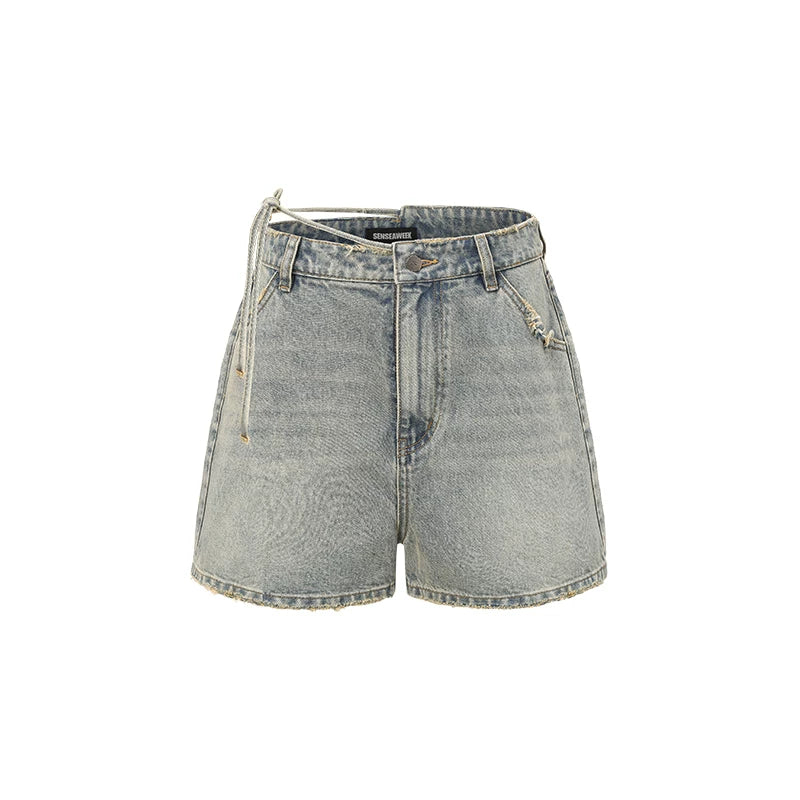 Tie-Waist Raw-Edge Vintage Denim Shorts