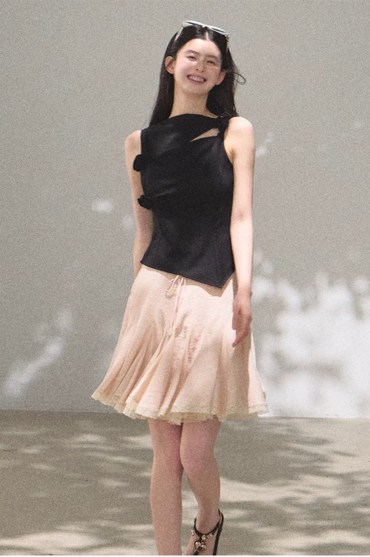 Lyocell Linen A-Line Lace-Trim Mini Skirt