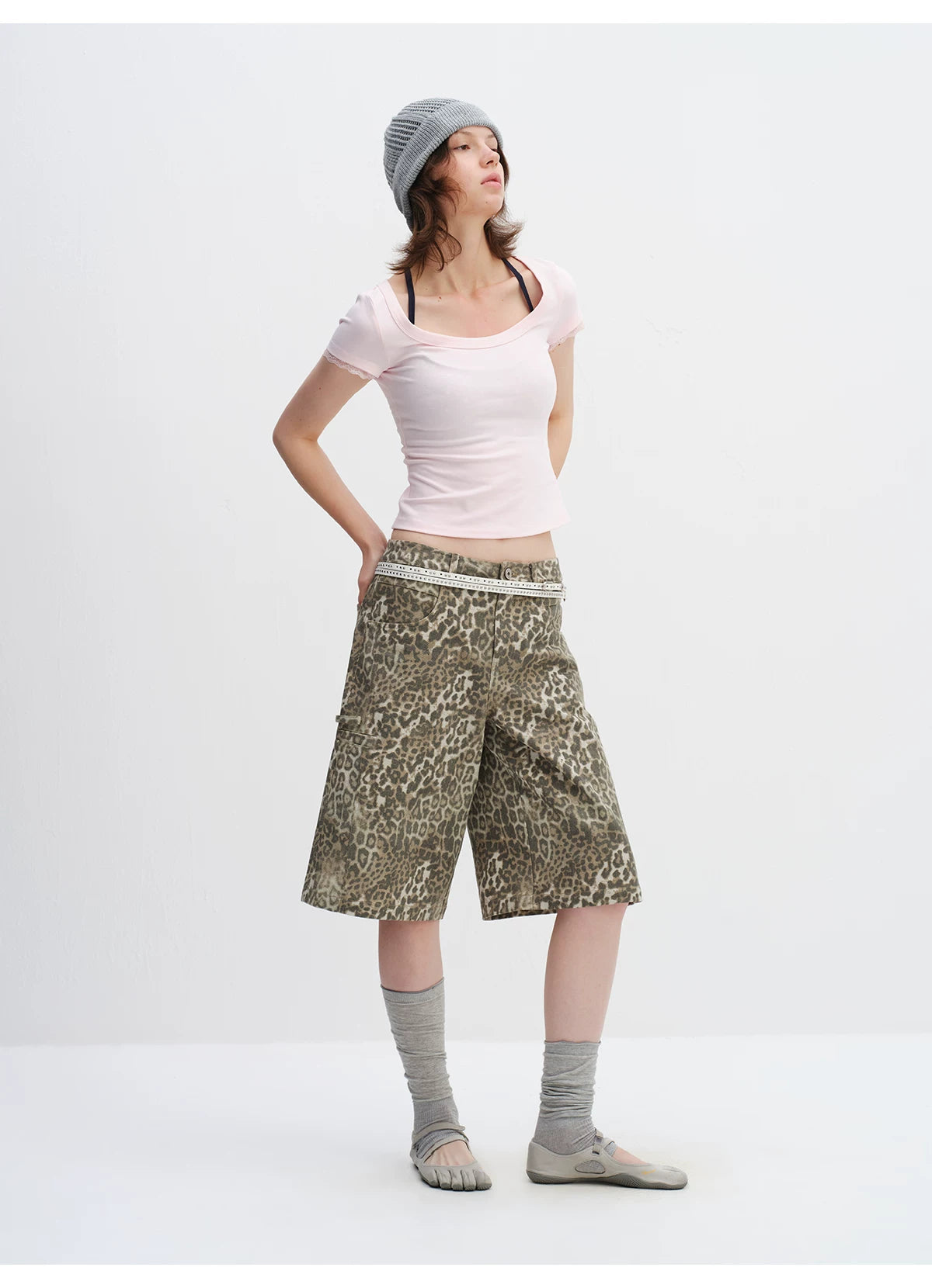 Vintage Leopard Print Relaxed Wide-Leg Bermuda Shorts