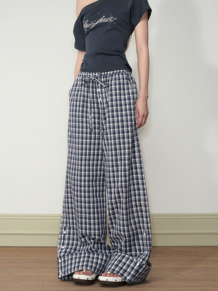 Flapped Loose Navy Checkered Pants - CHINASQUAD