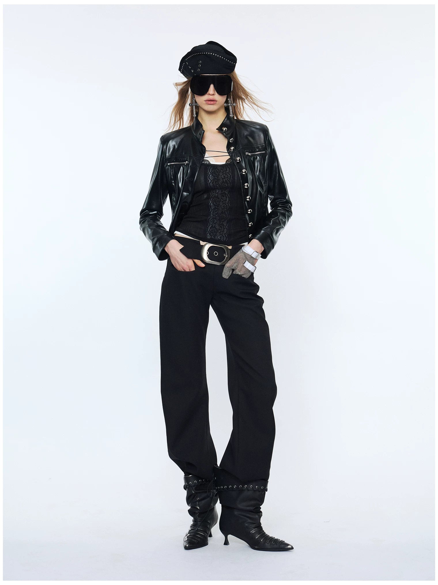 Punk Metal Button Waist-Cinched Faux Leather Jacket