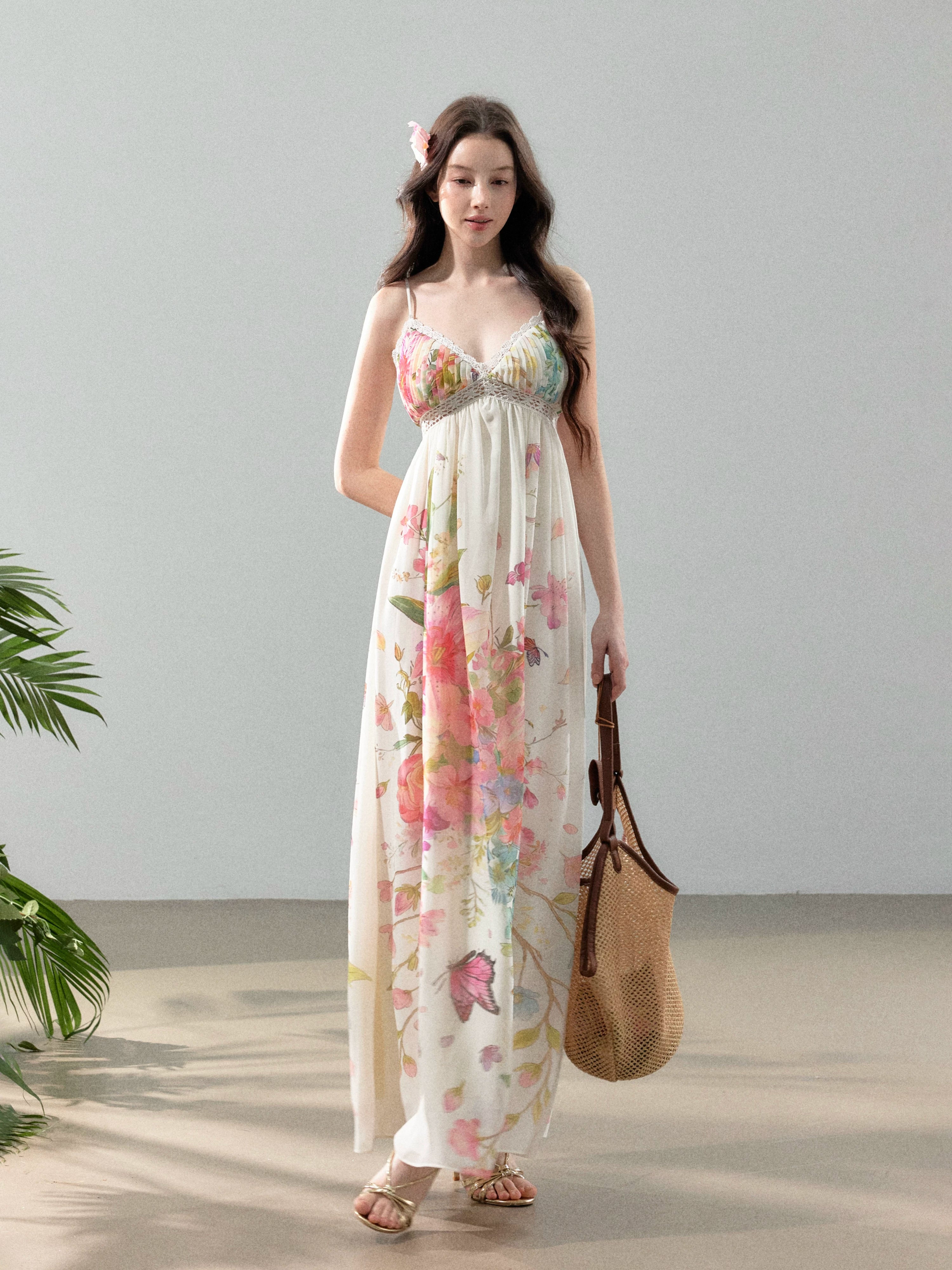 Blooming Vine Floral Chiffon Slip Maxi Dress