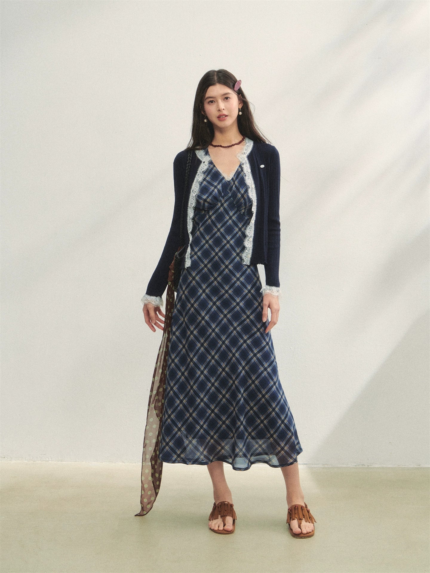 V-Neck Lace Spliced Halter Dress - CHINASQUAD