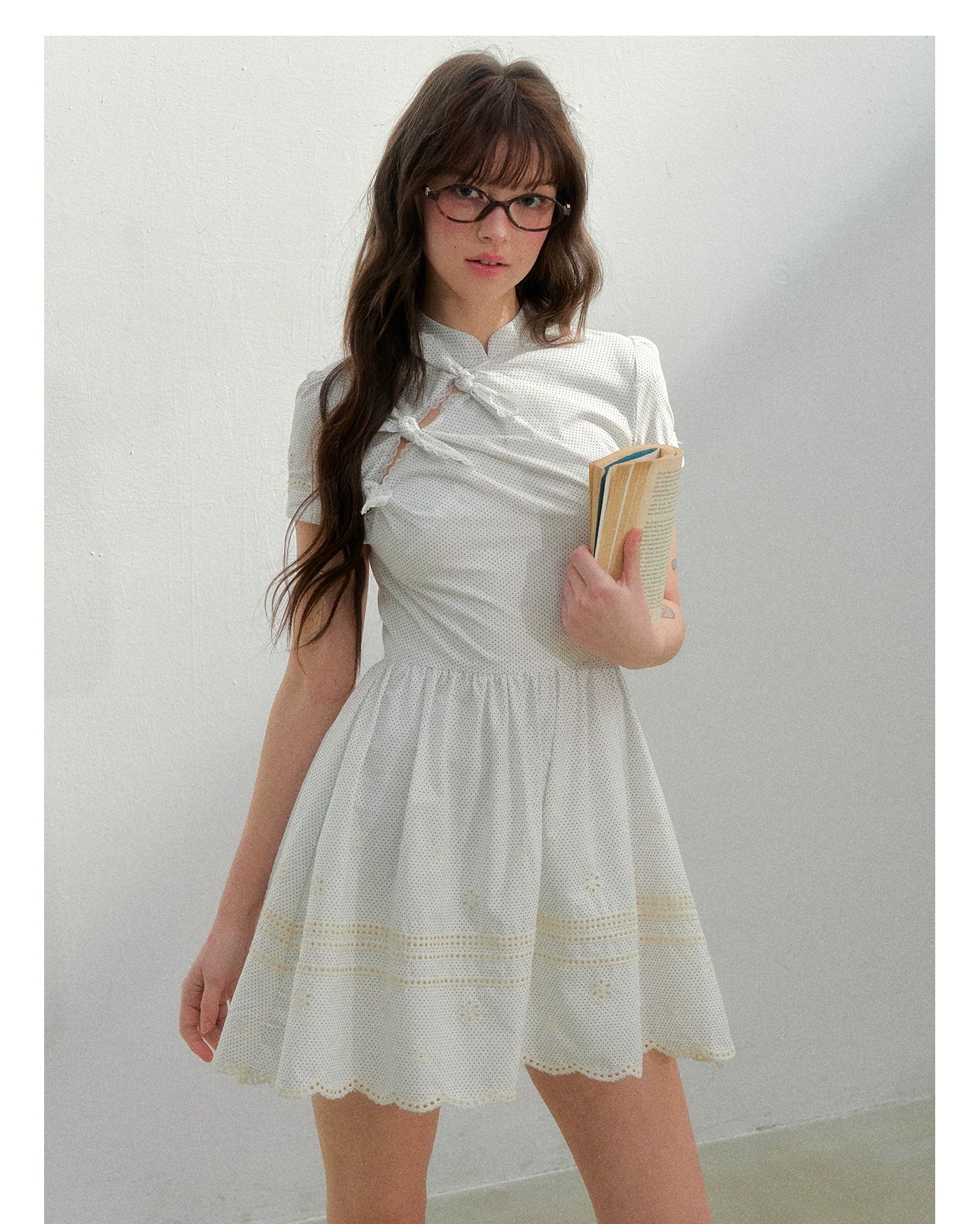 Polka Dot Embroidered Bow Cheongsam Dress