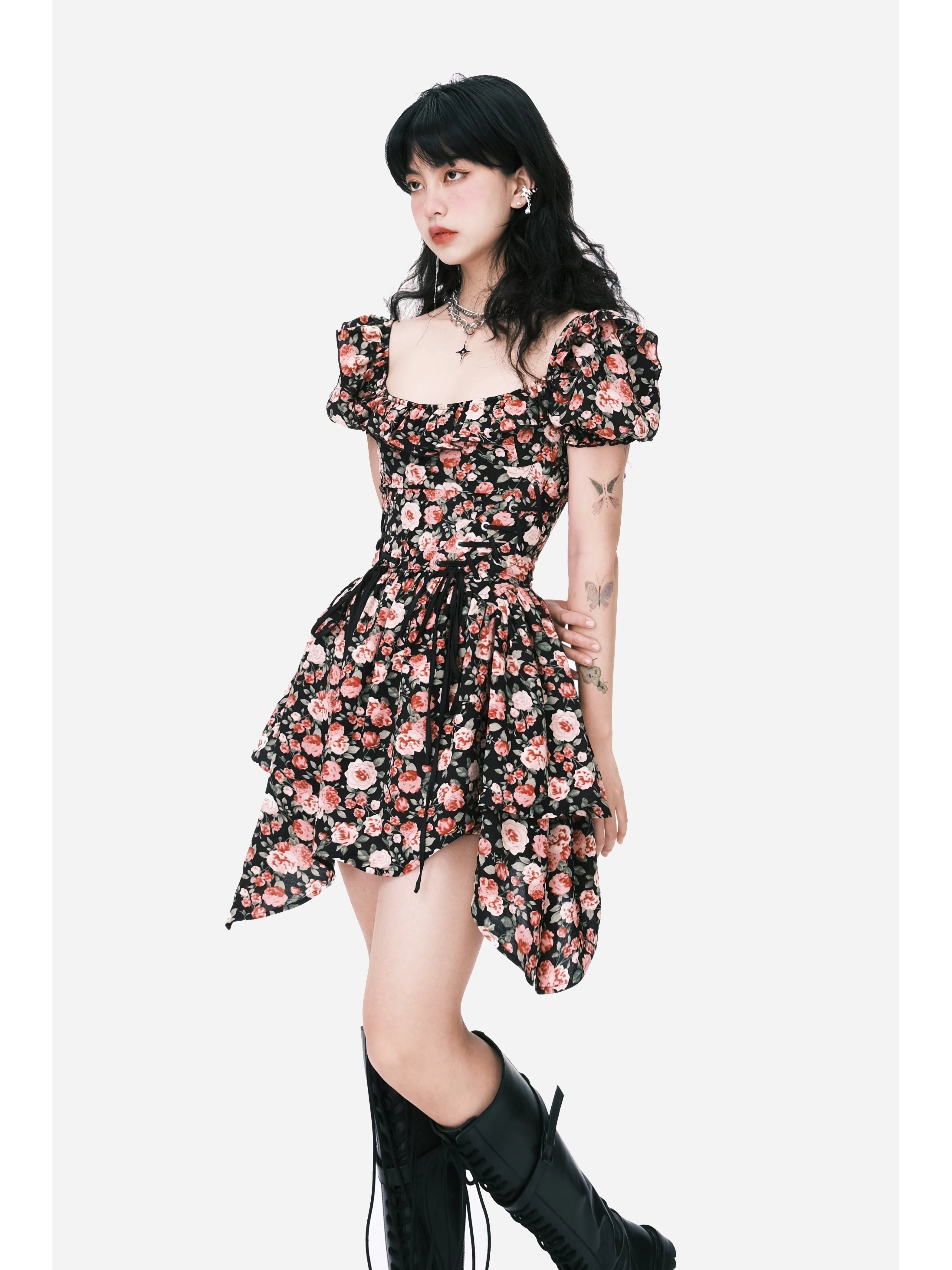 Lace-Up Asymmetric Waist-Defined Dress