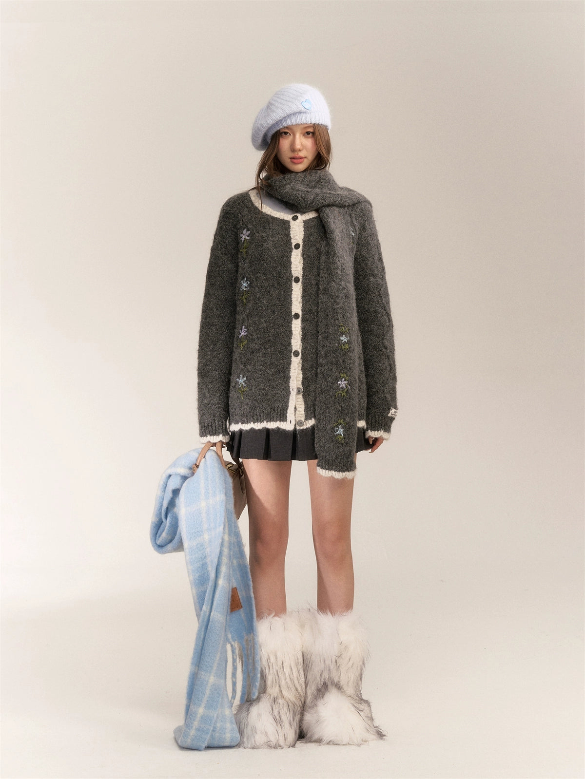 Handcrafted Floral Wool Knit Cardigan & Scarf - CHINASQUAD