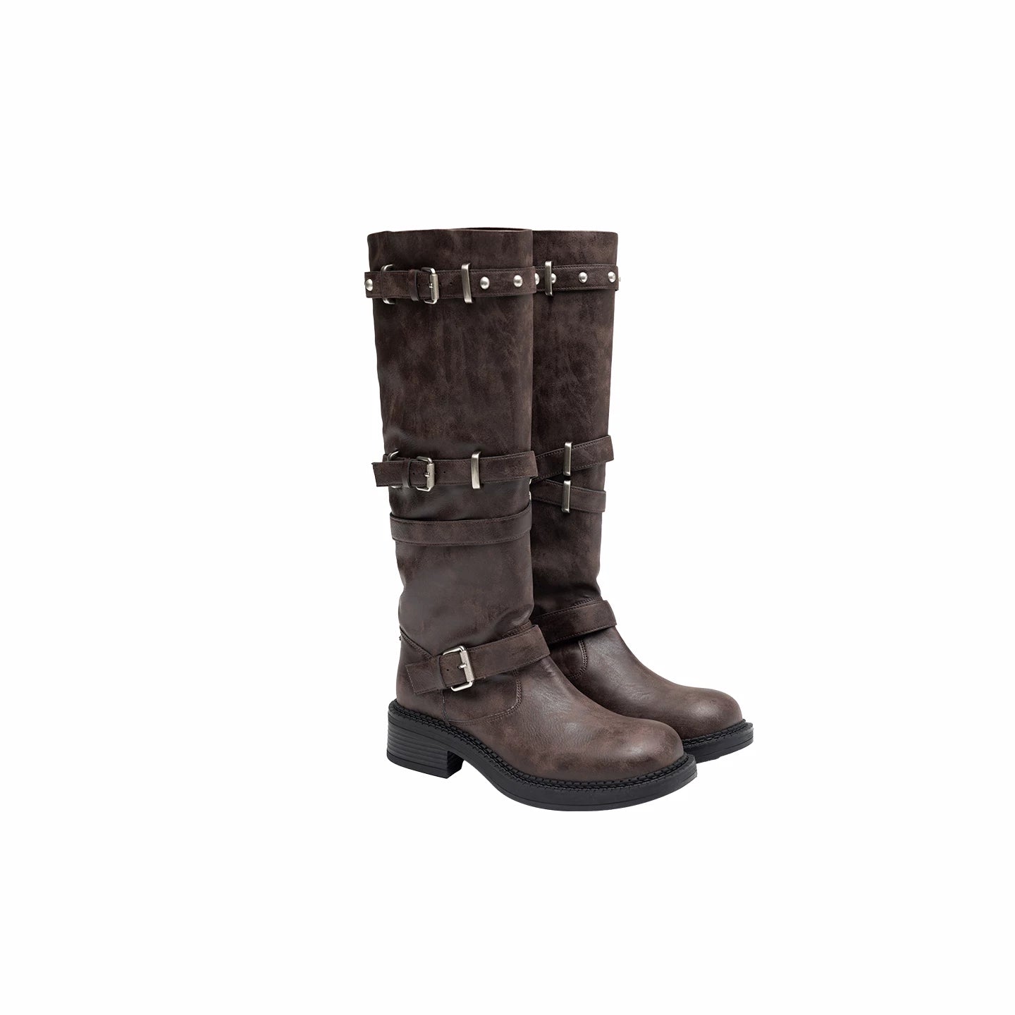 Multi-Strap Studded Mid-Calf Biker Boots