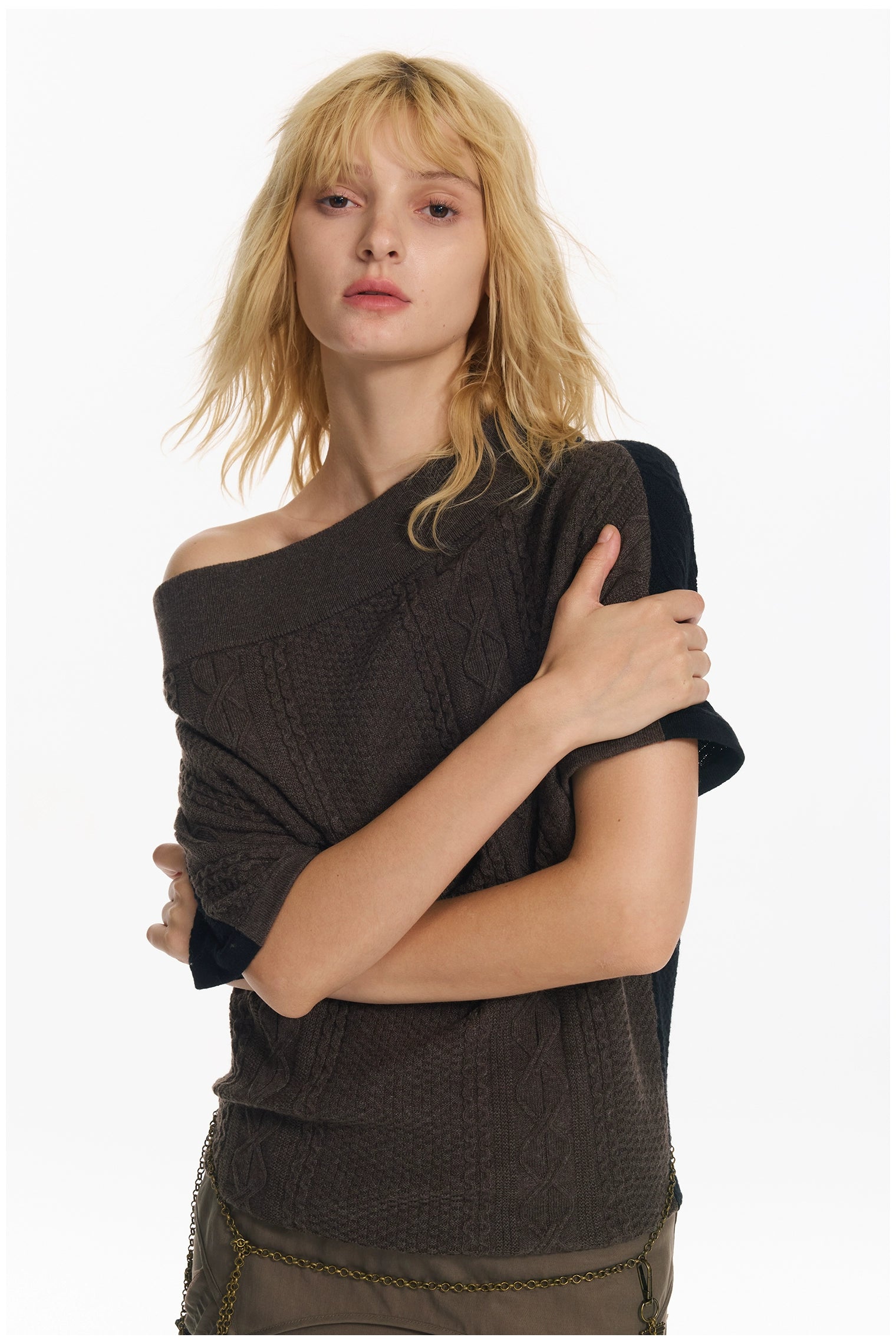 Diagonal Bat-Sleeve Knit Crewneck