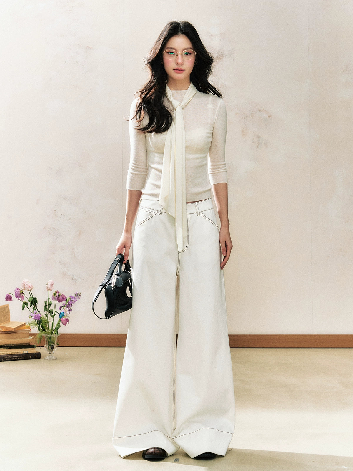 White Tie-Collar Knit Top Pullover Base - CHINASQUAD