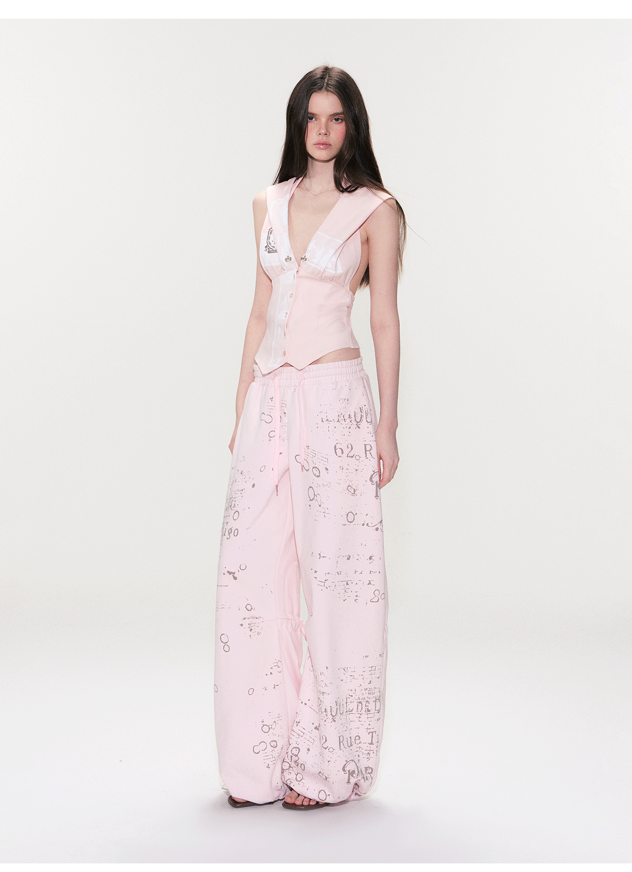 Vintage Graphic Drawstring Wide-Leg Pants