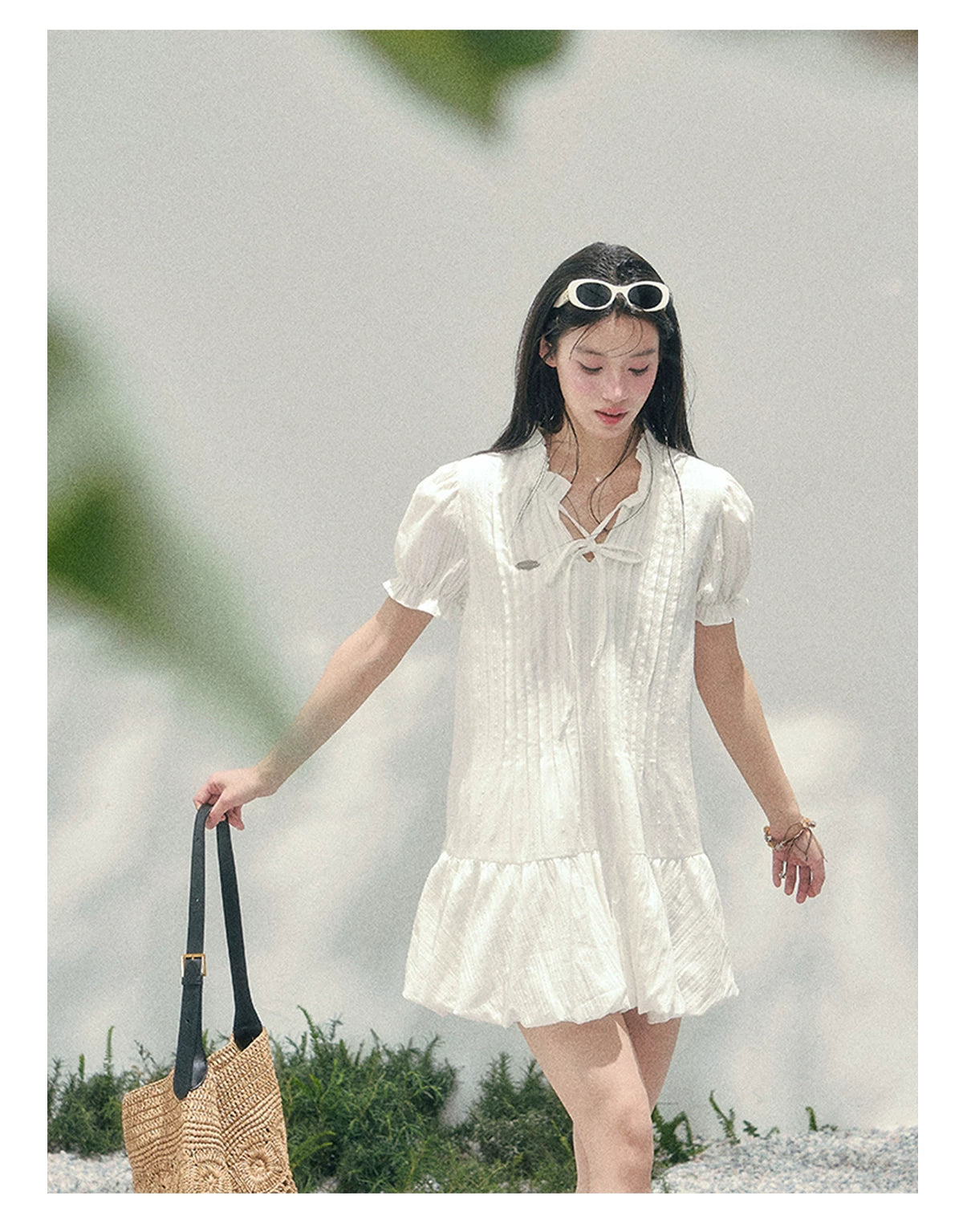 Soft Pleated Puff-Sleeve Mini Dress