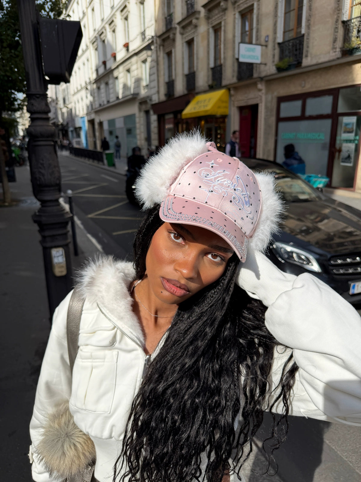 Rhinestone Ear-Flap Furry Baseball Cap