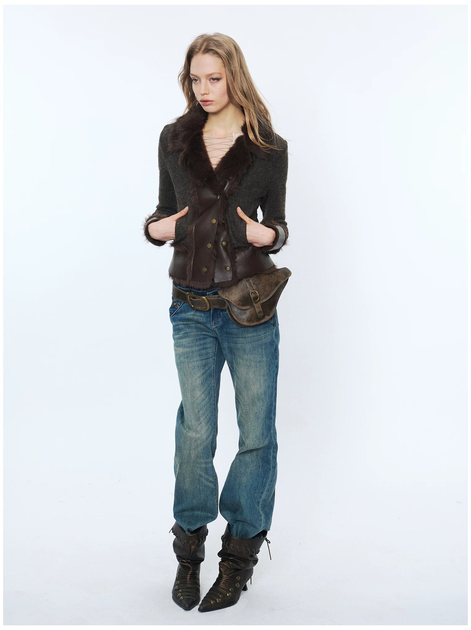 Knit Panel Faux Fur Cardigan Jacket