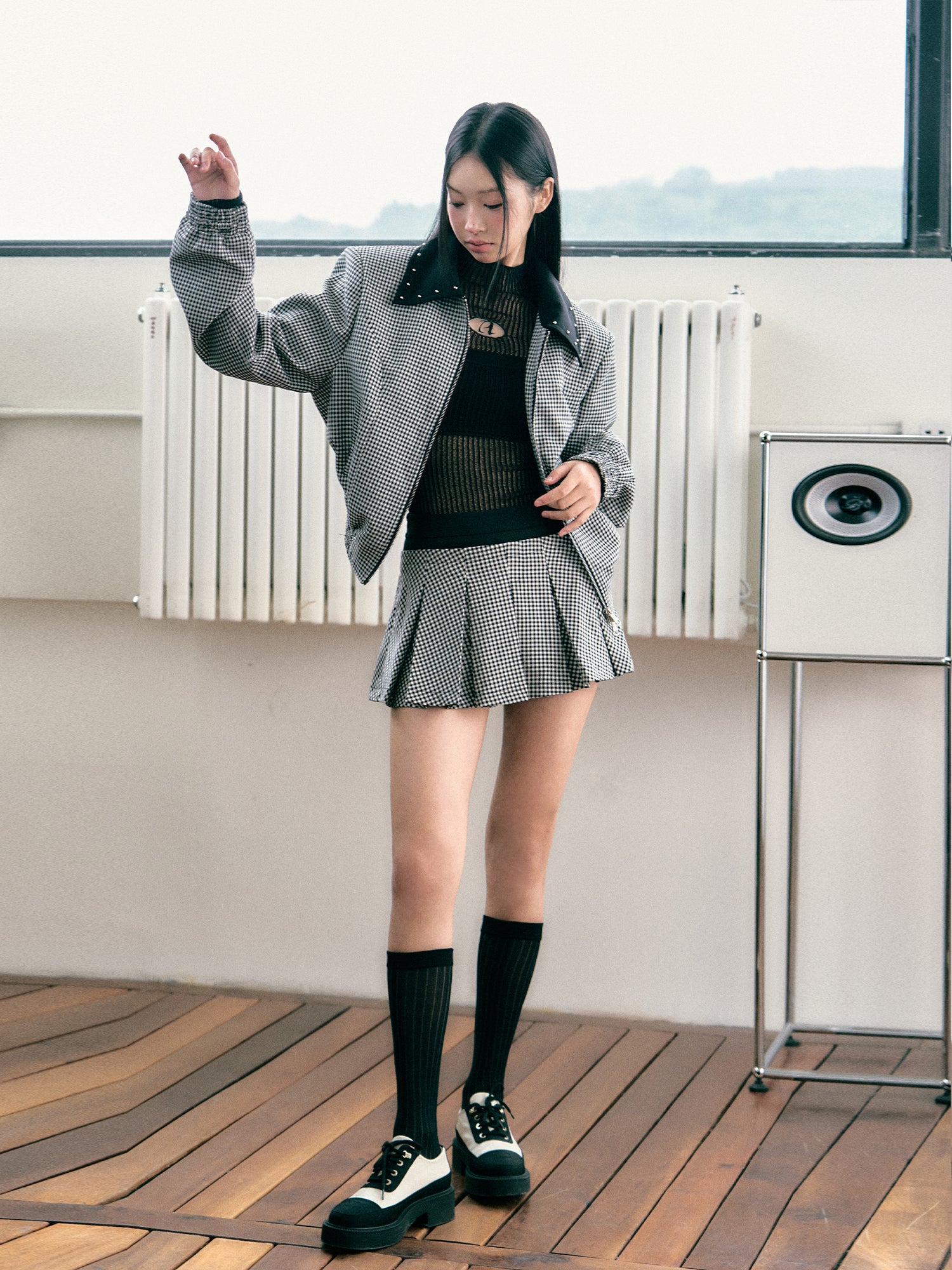Silhouette Flight Jacket with Plaid Skirt Set - CHINASQUAD