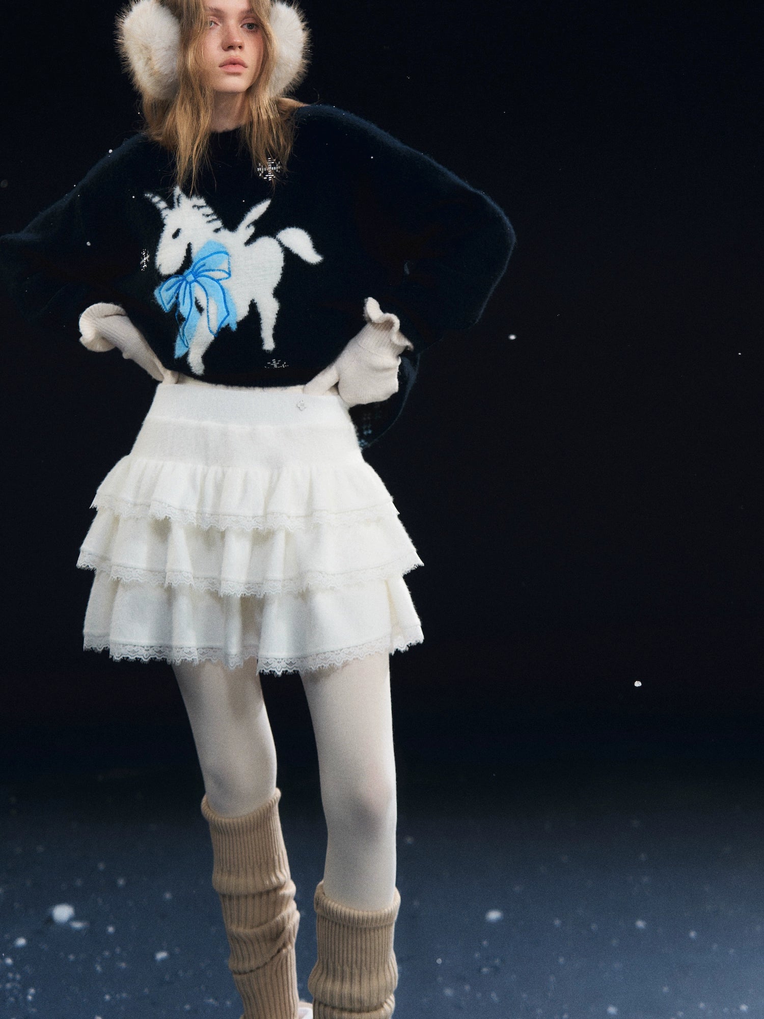 Lace-Panel Velvety Tiered Skirt