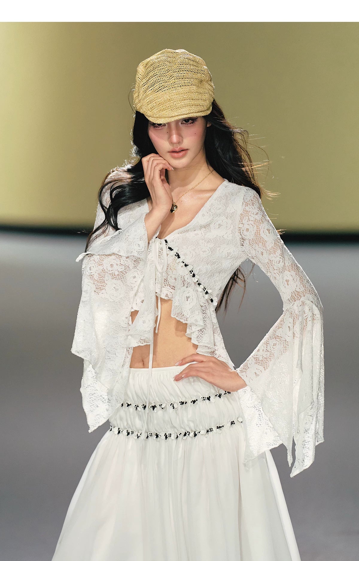 Vintage Sequin Lace V-Neck Blouse& Tulle Skirt Set