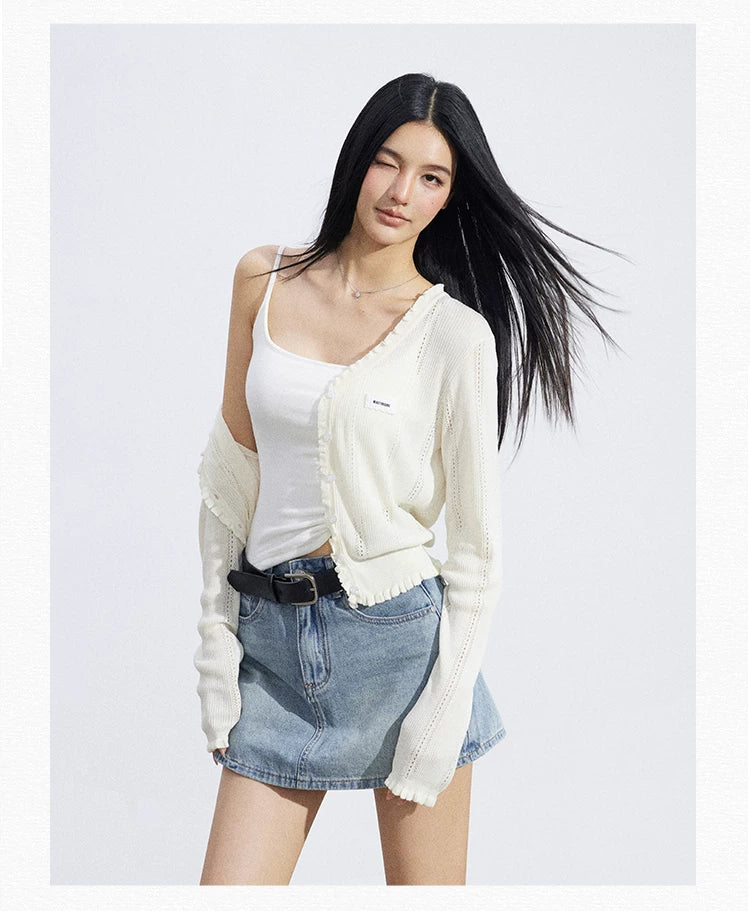 Sheer Lace-Trim Breathable Knit Sun Protection Cardigan