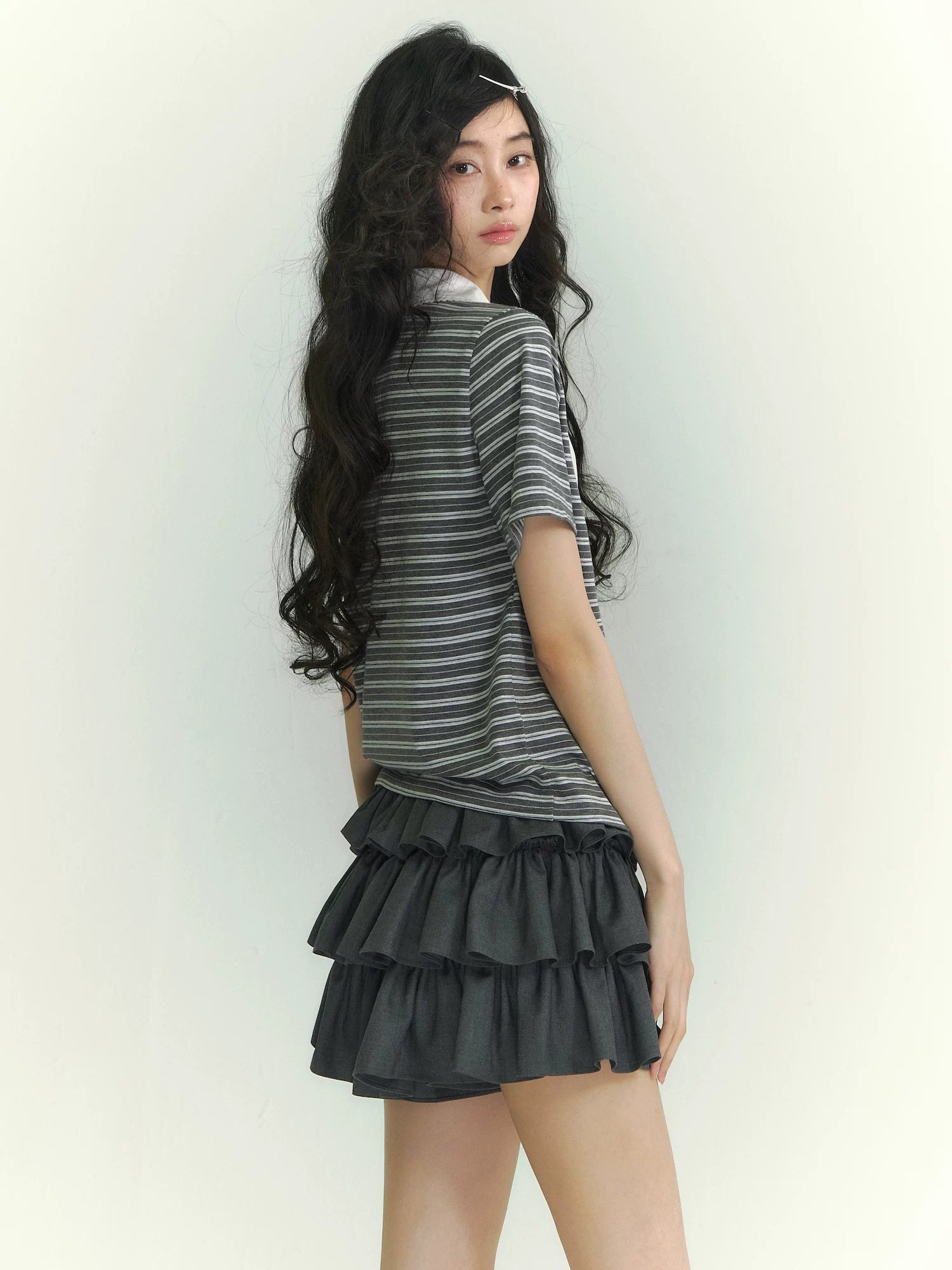 Tie-Neck Sailor Collar Striped Short Sleeve T-Shirt