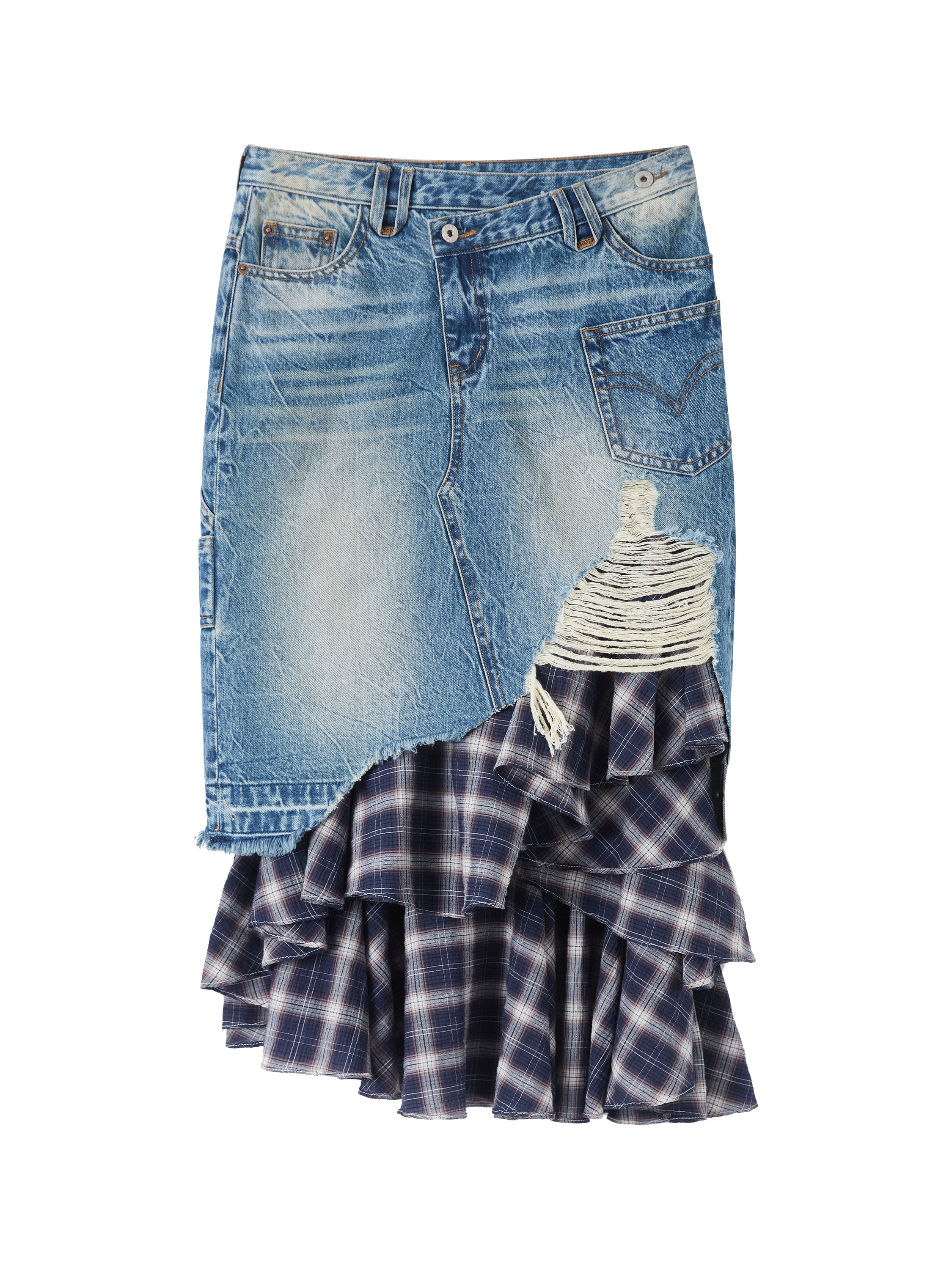 Irregular Denim Patchwork Plaid Fish Tail Skirt - CHINASQUAD
