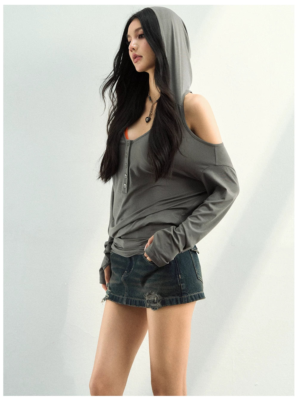 Off-Shoulder Hooded Lyocell Blouses