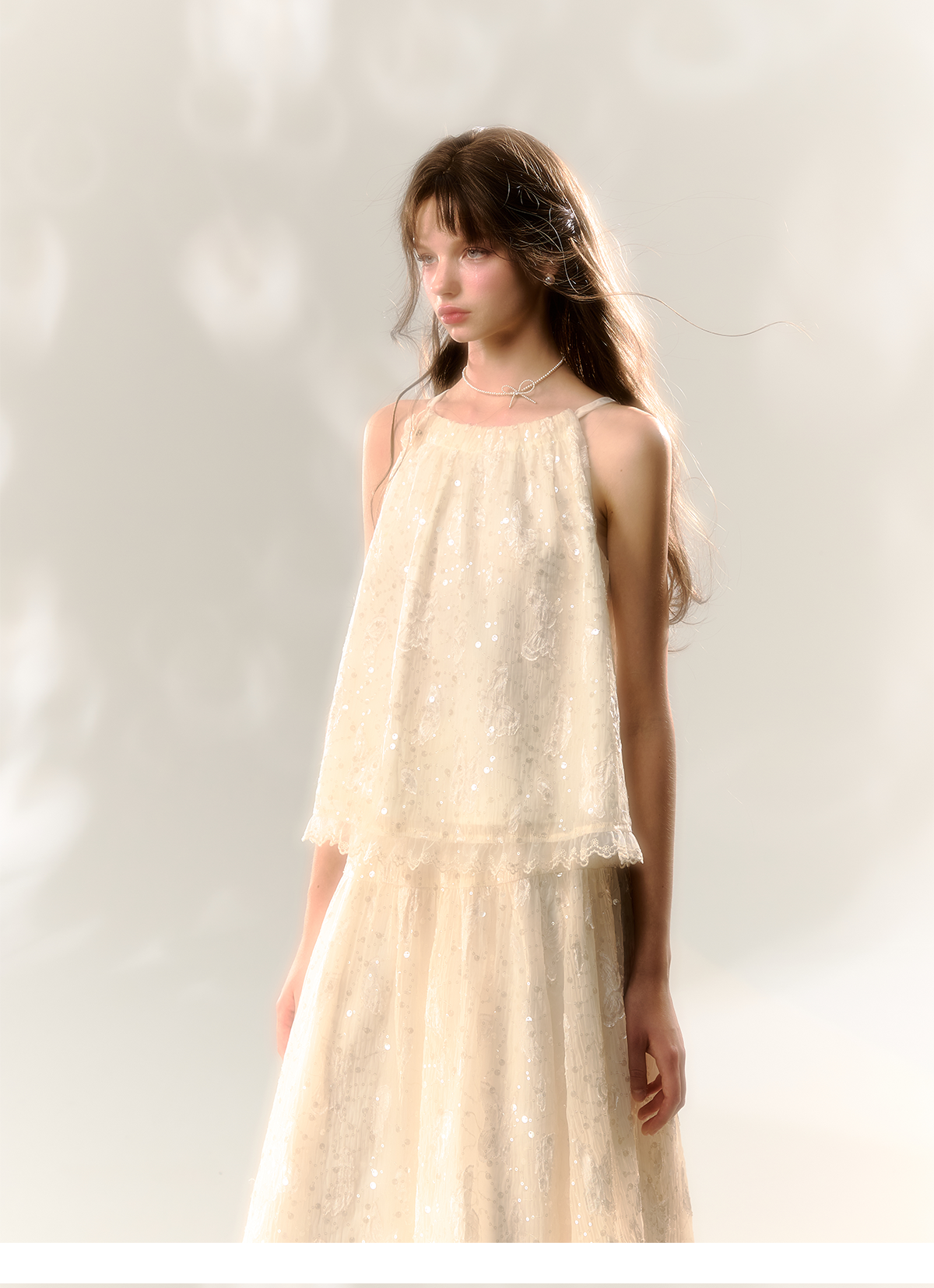 White Butterfly Lace Halter Top & Midi Skirt Set - CHINASQUAD