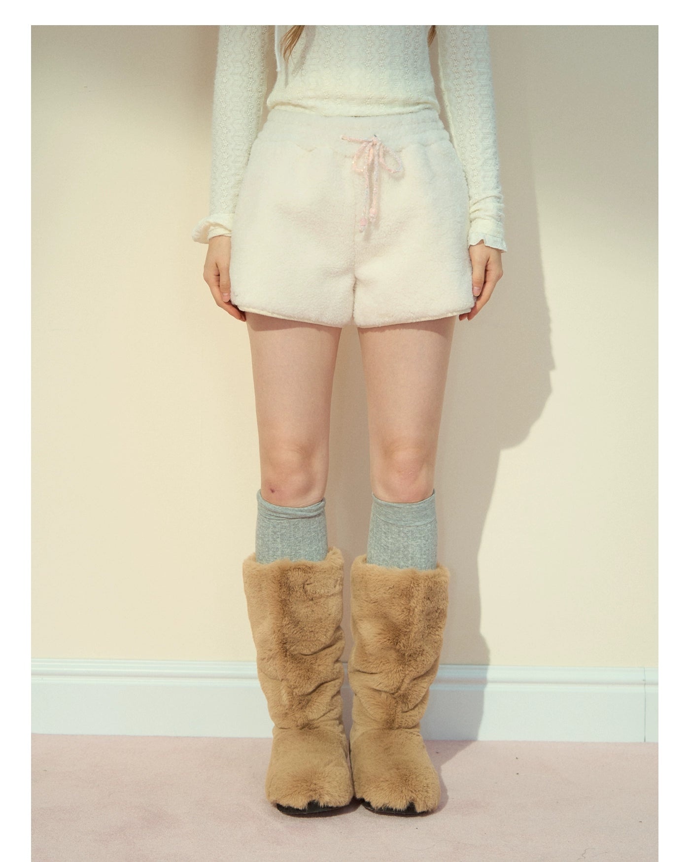 Cream Cloud Fleece Wool Shorts - CHINASQUAD