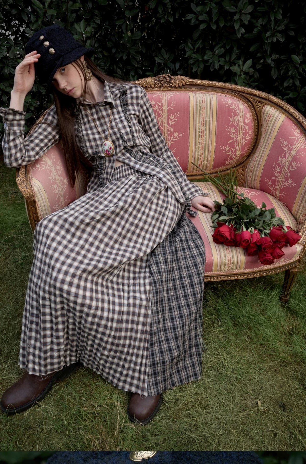 Contrast Plaid Ruffle Shirt & Long Skirt Set