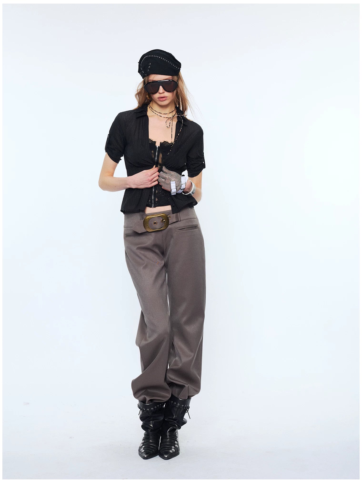 Contrast Lace Panel Two-Piece Shirt