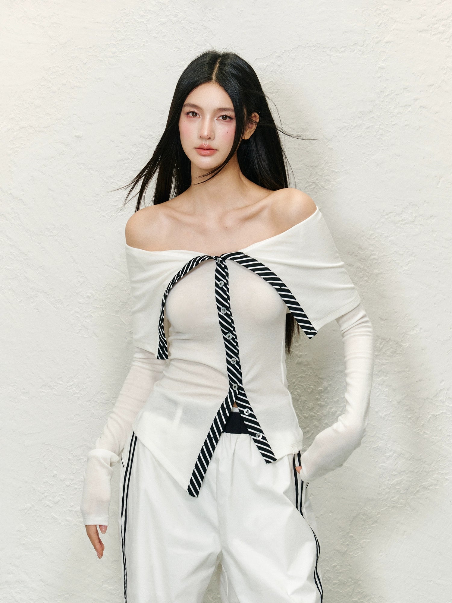 Striped Colorblock Off-Shoulder Long Sleeve T-shirt - CHINASQUAD