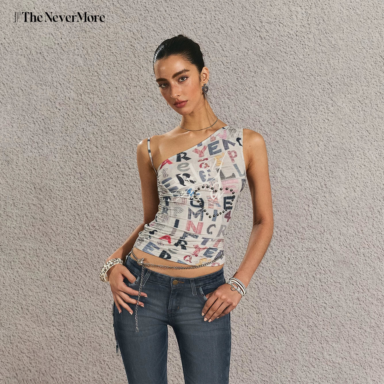 Vintage Graphic One-Shoulder Cinched Crop Tee