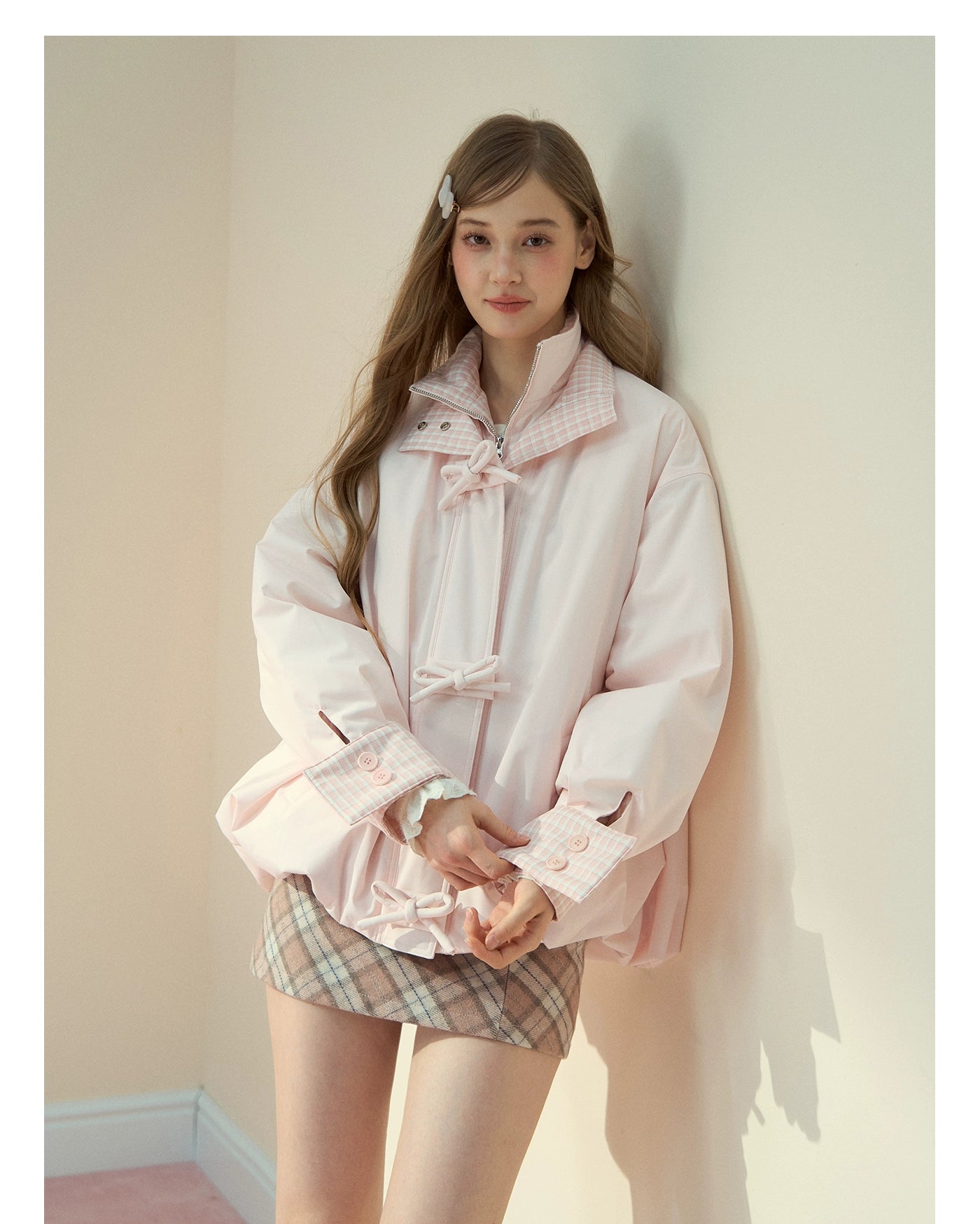 Pink Bow Check Down Jacket - CHINASQUAD