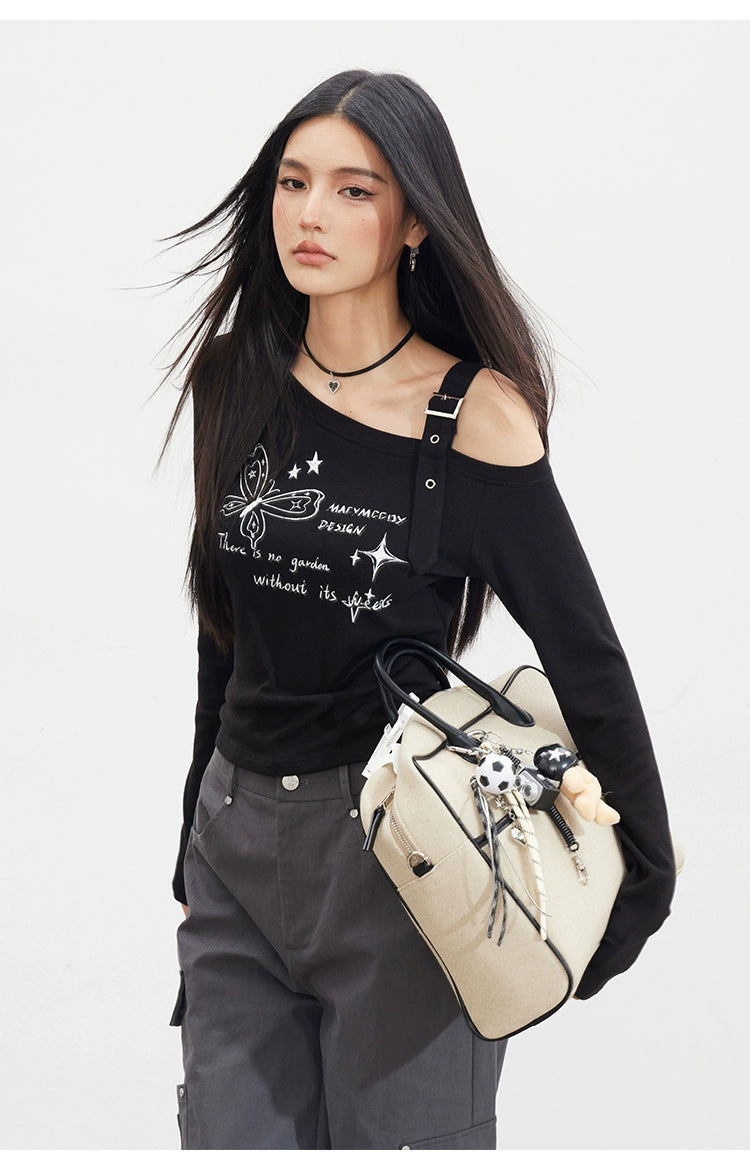 Butterfly Cold-Shoulder Long-Sleeve T-shirt