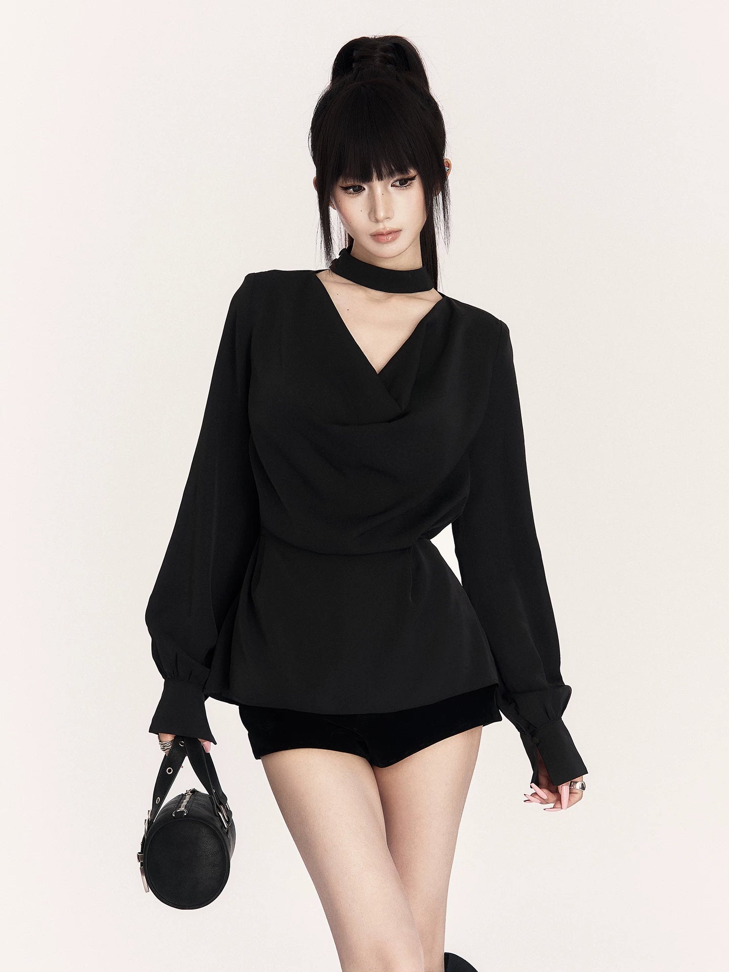 Cowl-Neck Waist-Cinching Shirt