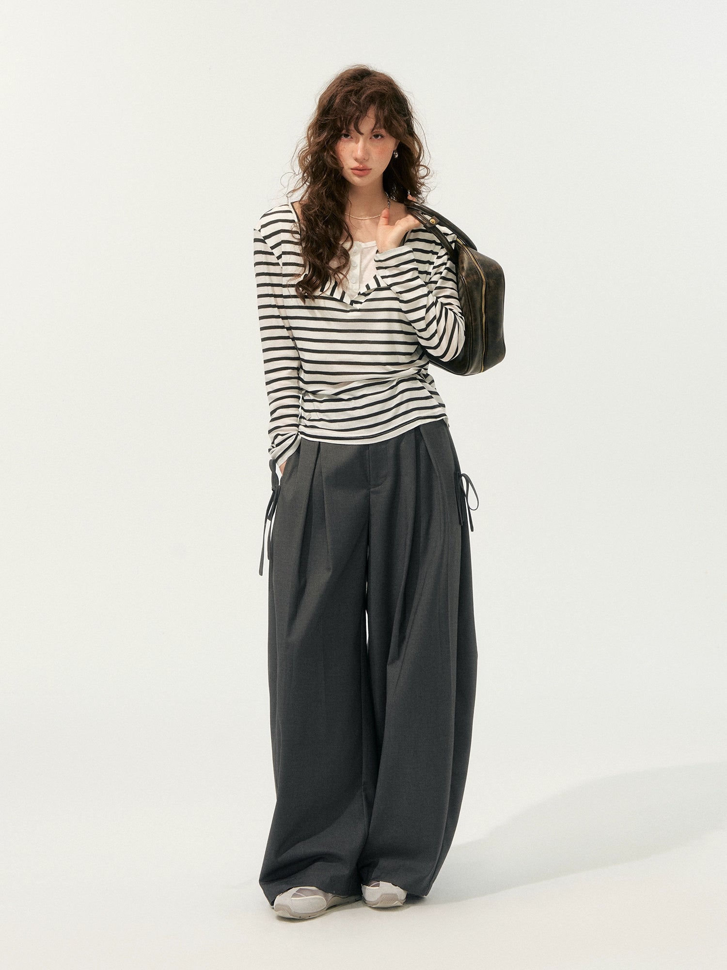 Fake Two-Piece Striped V-Neck Blouse - CHINASQUAD