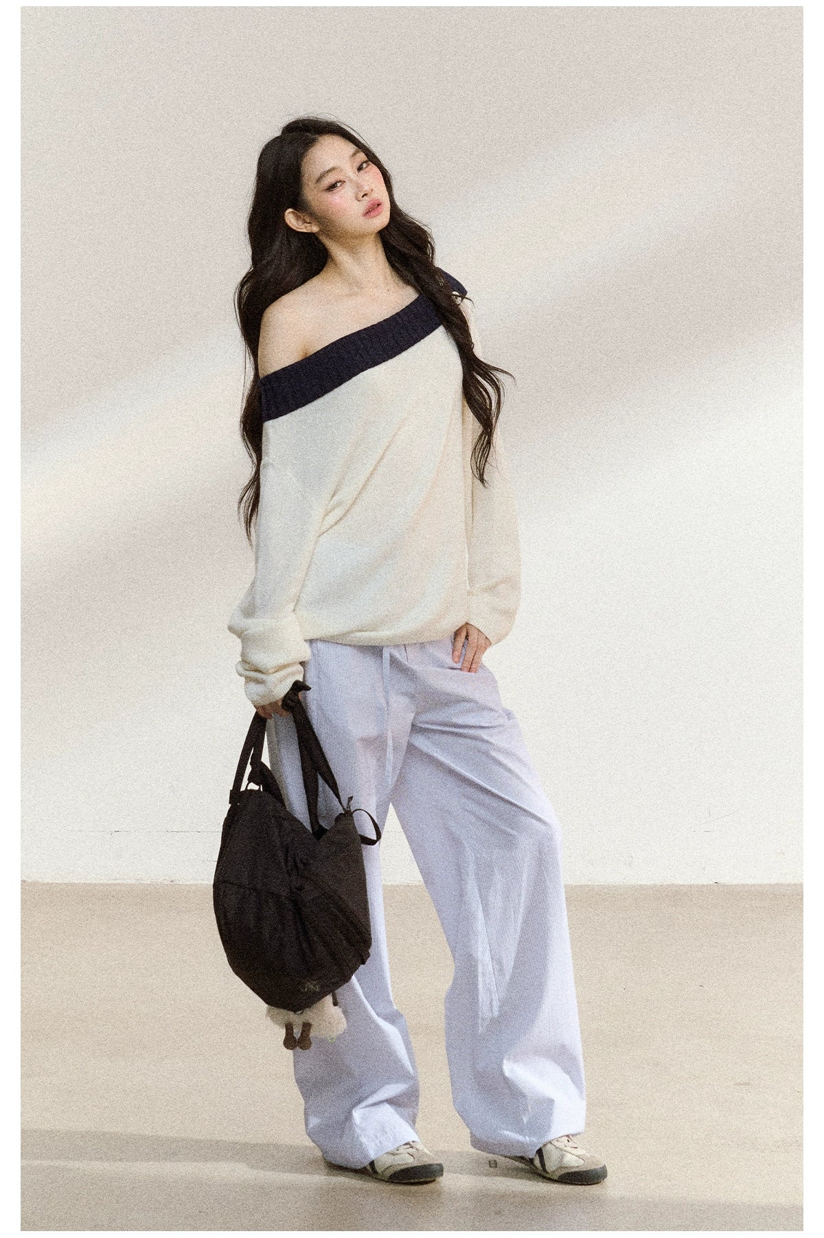 Two-Tone Asymmetric Off-Shoulder Knit Sweater - CHINASQUAD