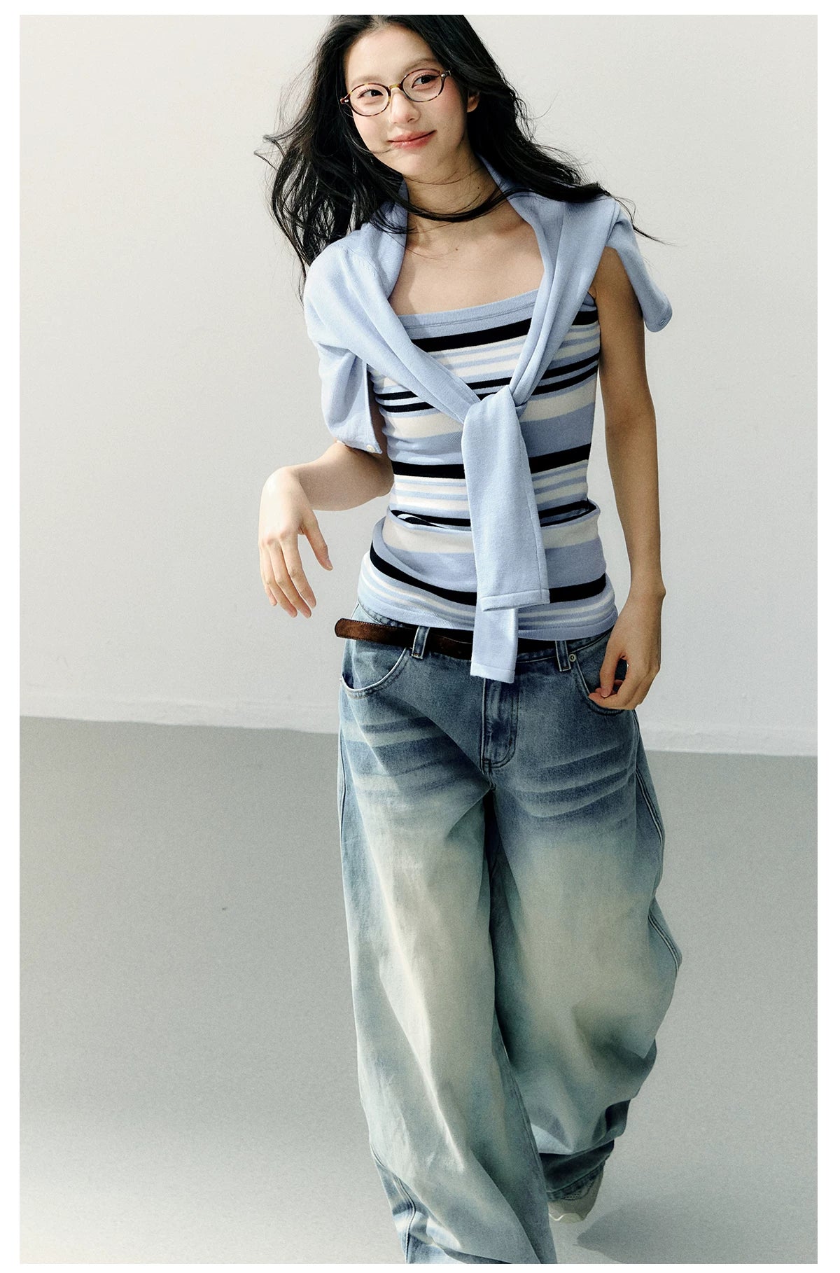 Structured Vest & Striped Camisole Two-Piece Set