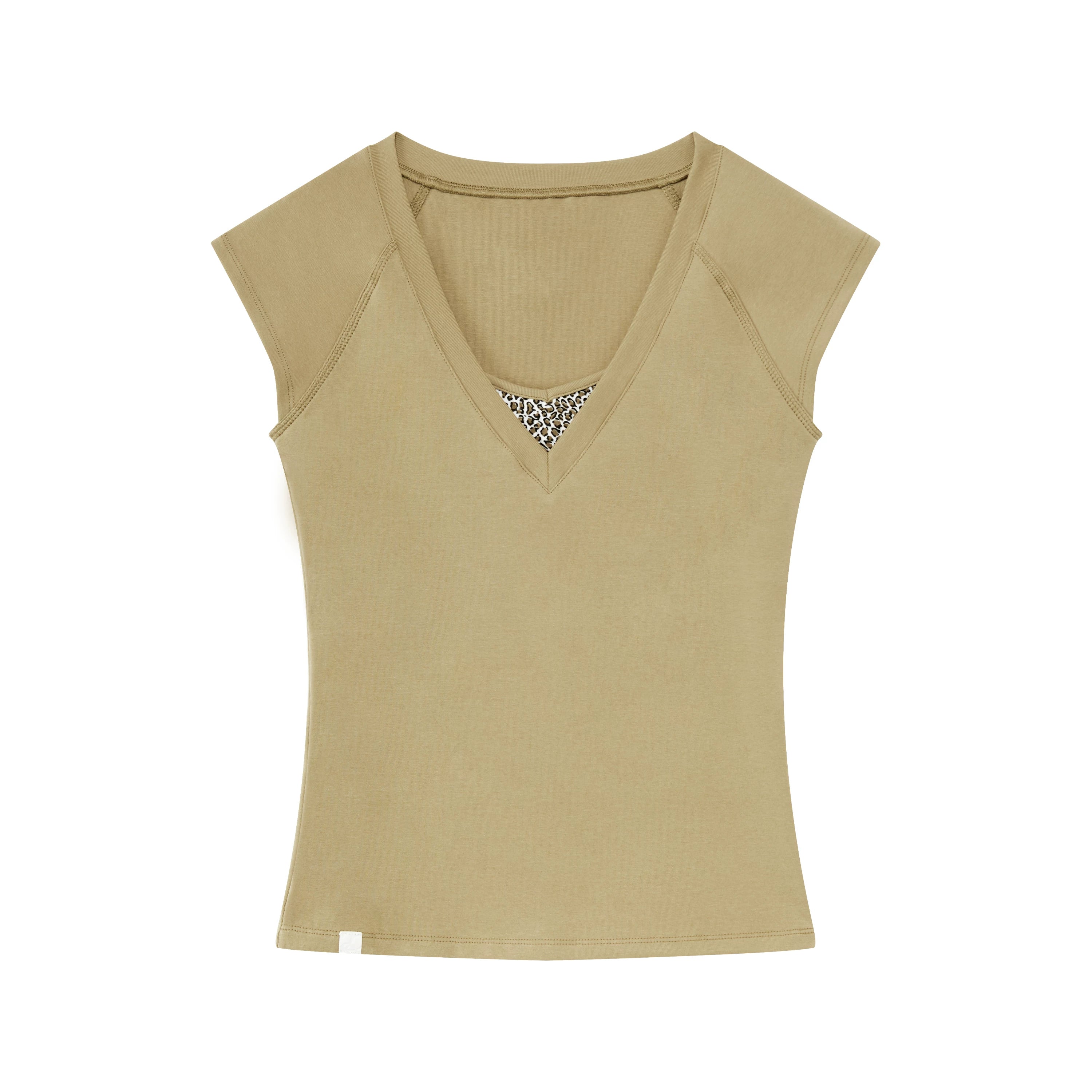Contrast Leopard Insert V-Neck Cap Sleeve T-Shirt
