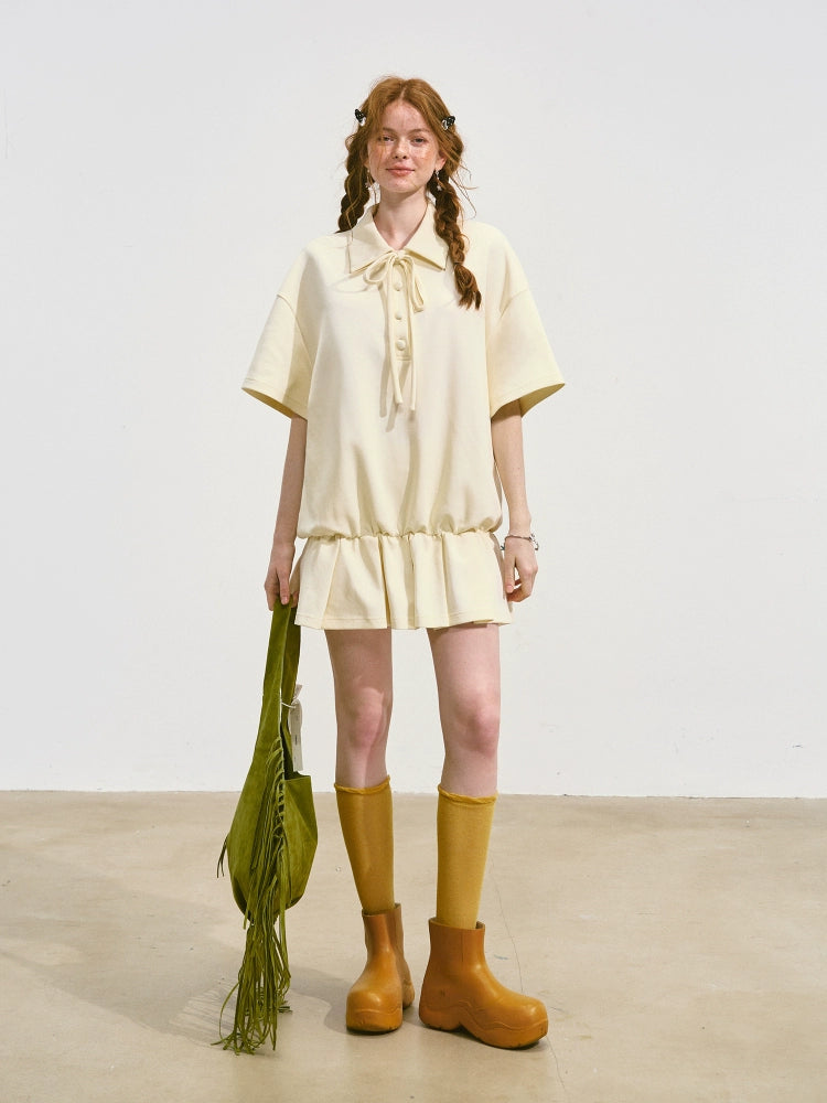 Bowknot Pleated Short-sleeved Dress - CHINASQUAD