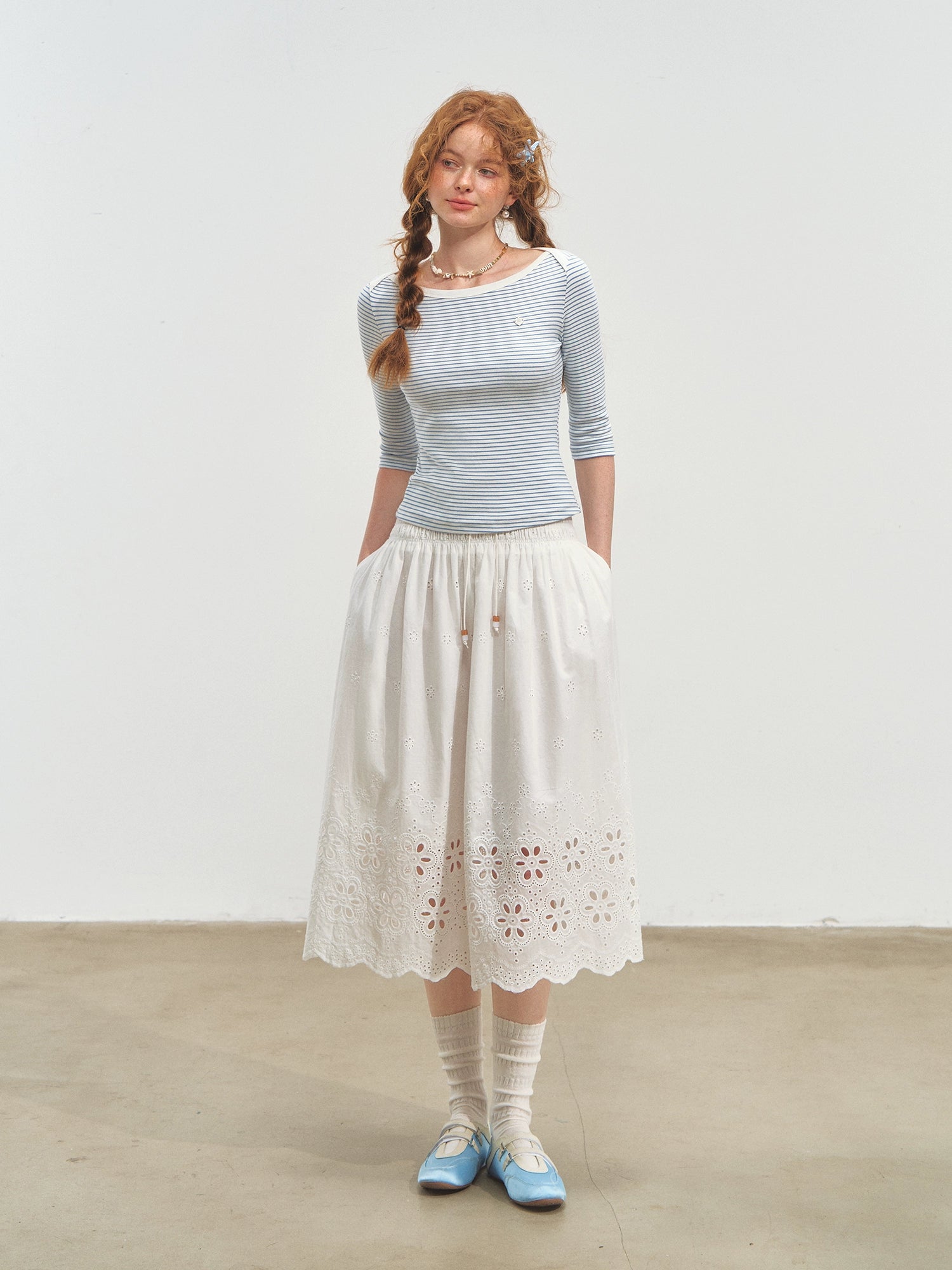 Envelope Neck Mid-sleeve Striped T-Shirt - CHINASQUAD