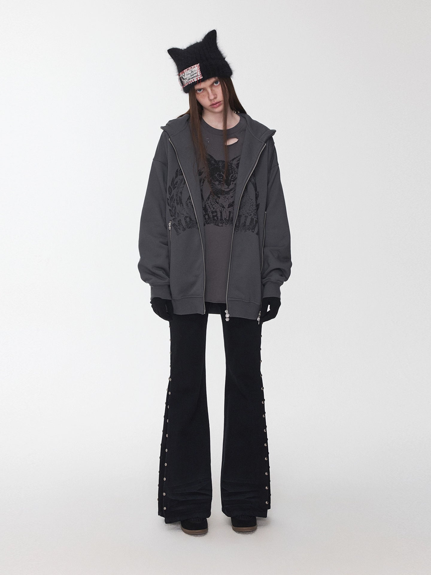 Cat Print Double-Zip Convertible Hoodie - CHINASQUAD