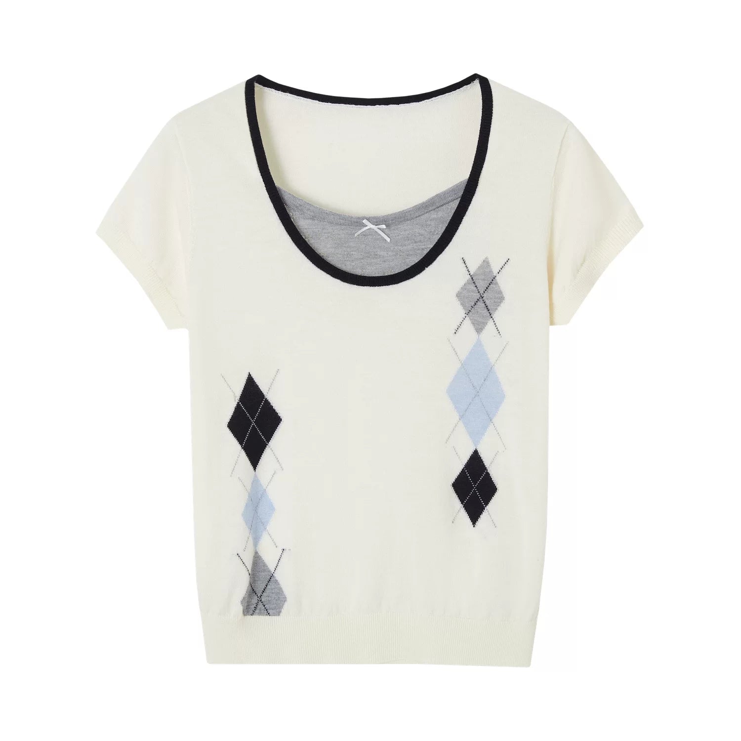 Argyle Color-Block Layered Short Sleeve Top