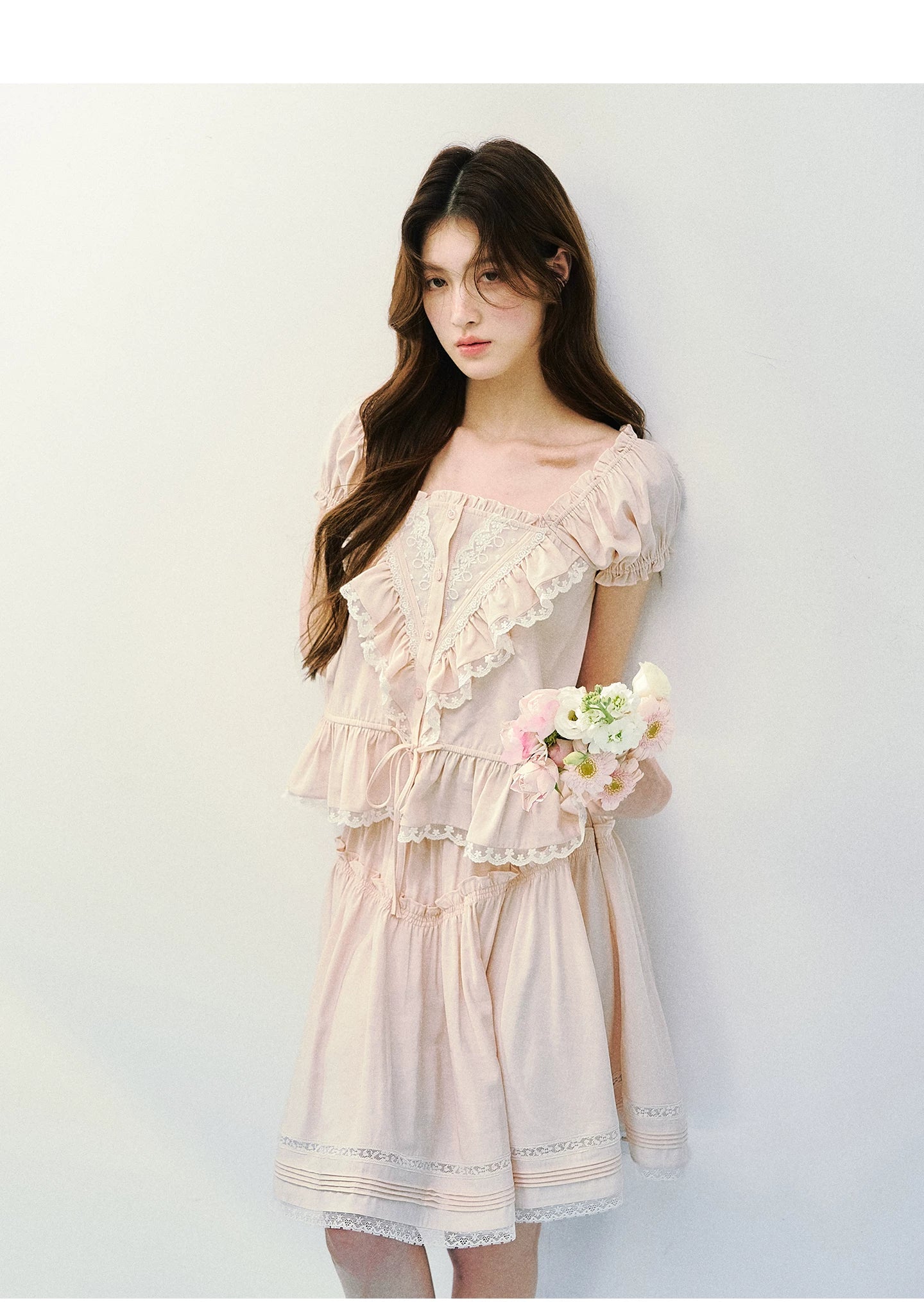 Romantic Ruffle Lace Blouse & Skirt Set