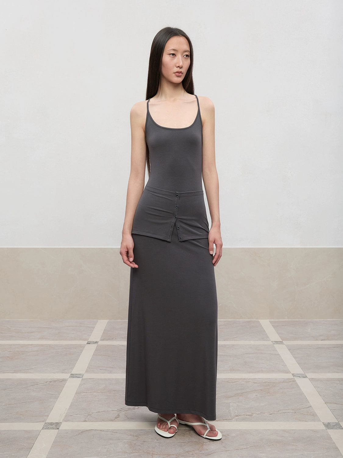 Deep U-Neck Button-Strapped Dress