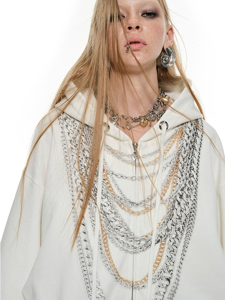 Black & White Oversized Chain Print Hoodie Cardigan - CHINASQUAD