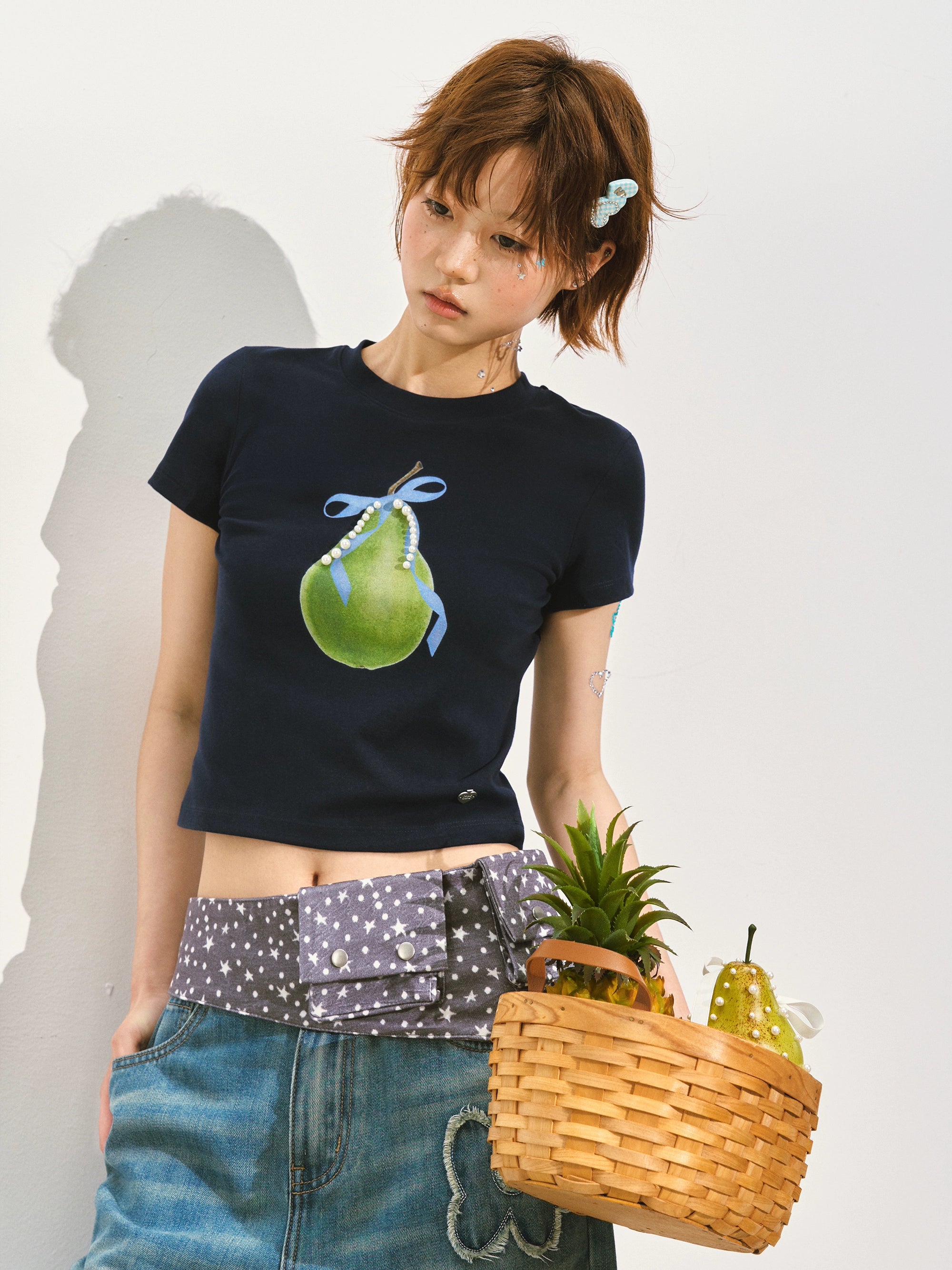 Pearl Bow Fruity Slim-fit Short Sleeve T-shirt - CHINASQUAD