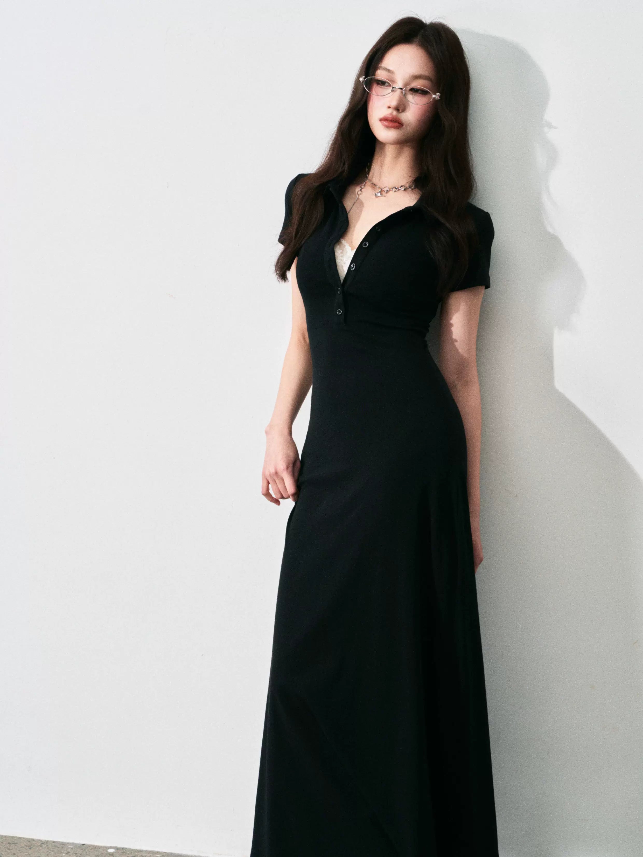 Half-Placket Polo Collar Knit Maxi Dress