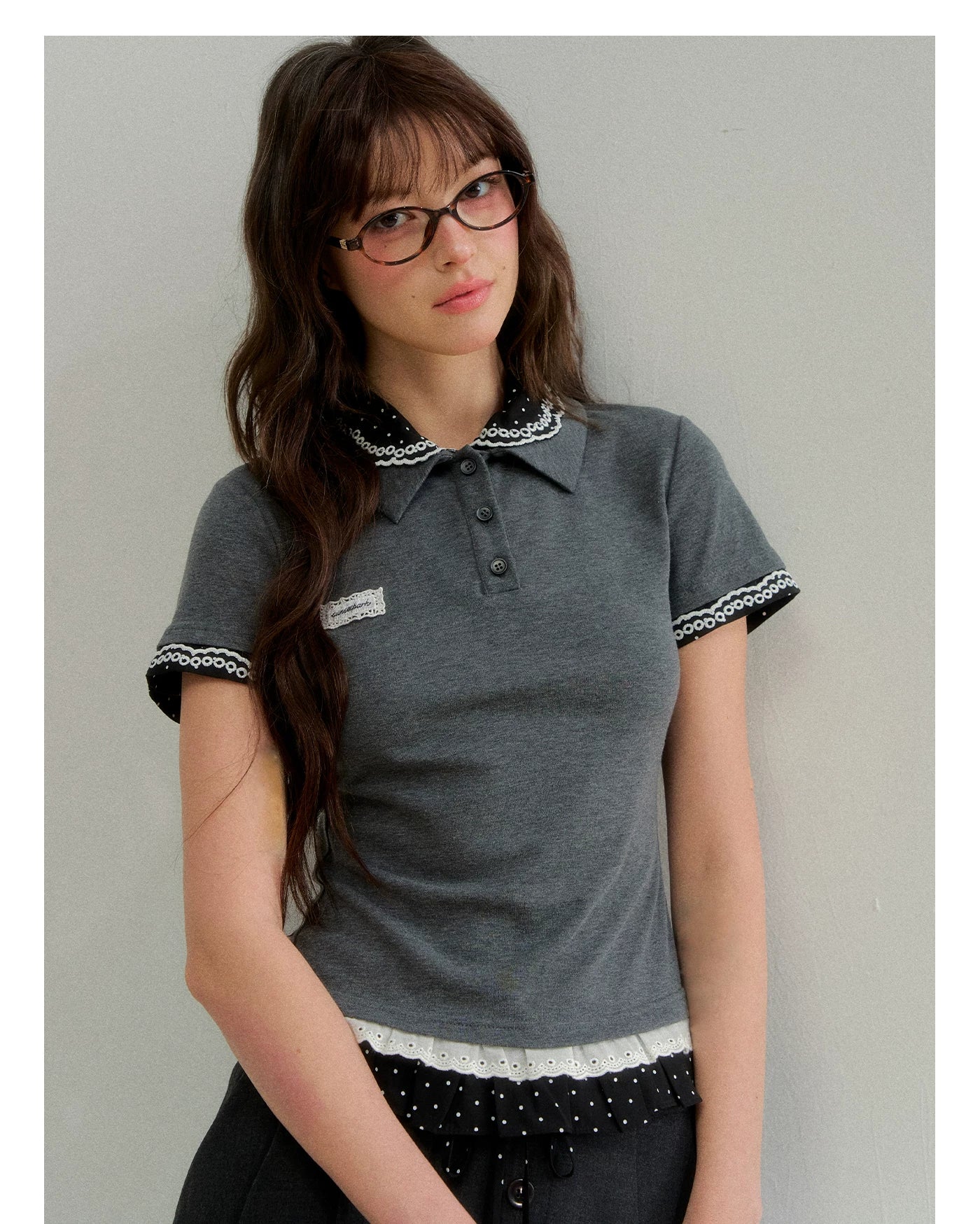 Vintage Layered Polka Dot Collar Knit Polo Tee
