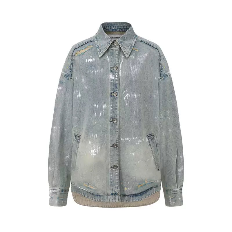 Silver-Foil Raw-Edge Oversized Denim Shirt