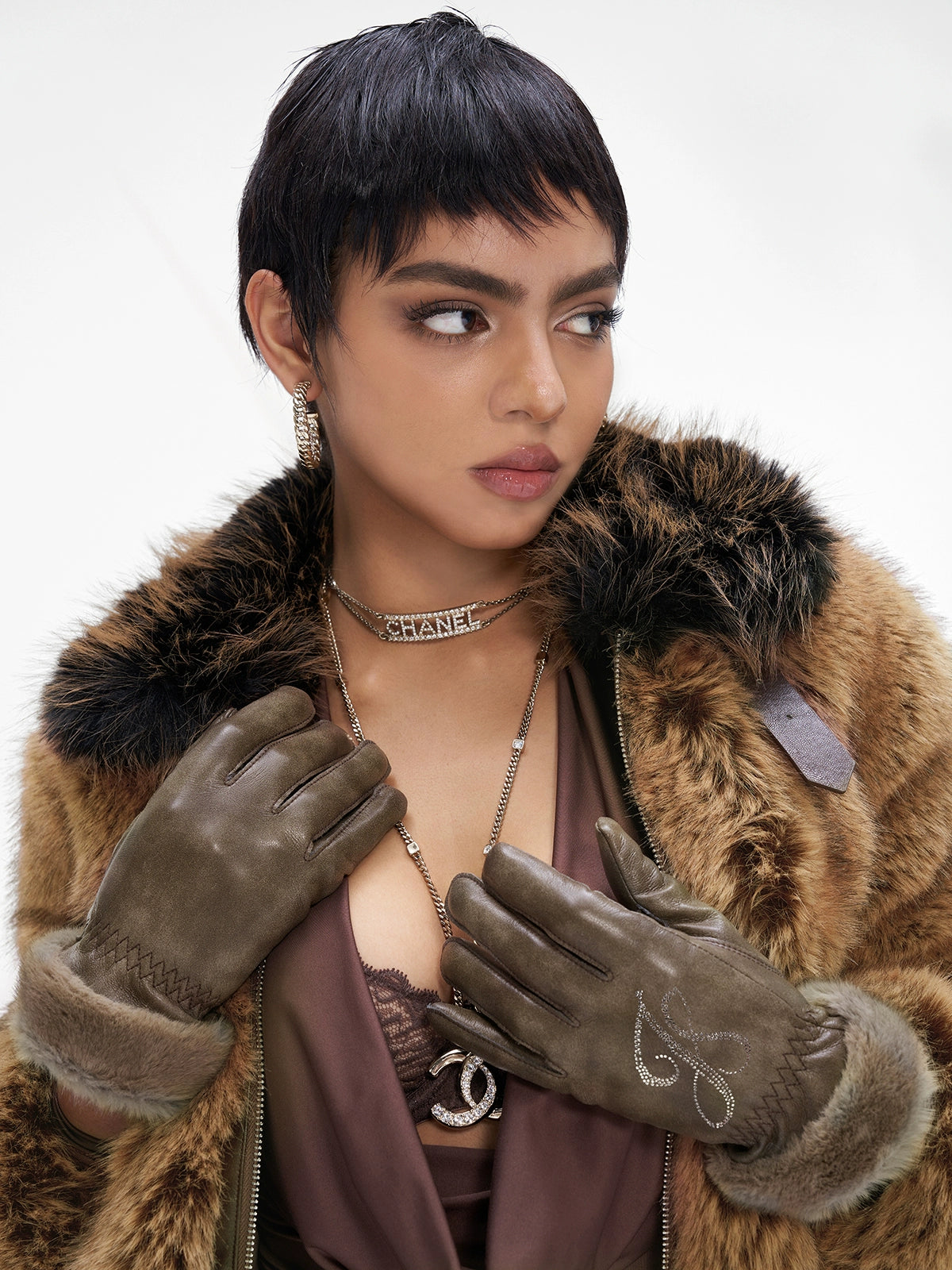 Fur Spliced Rhinestone Winter Gloves